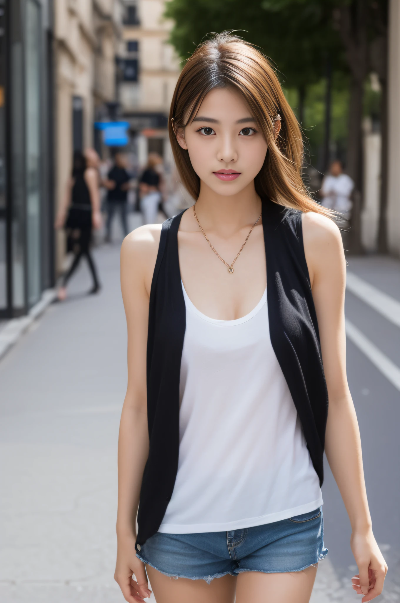 Photo of Pretty Japanese woman, long hear, full body, Tank top, shorts, necklace, in the streets of paris, UHD, anatomically correct, best quality, highres, masterpiece, super detail