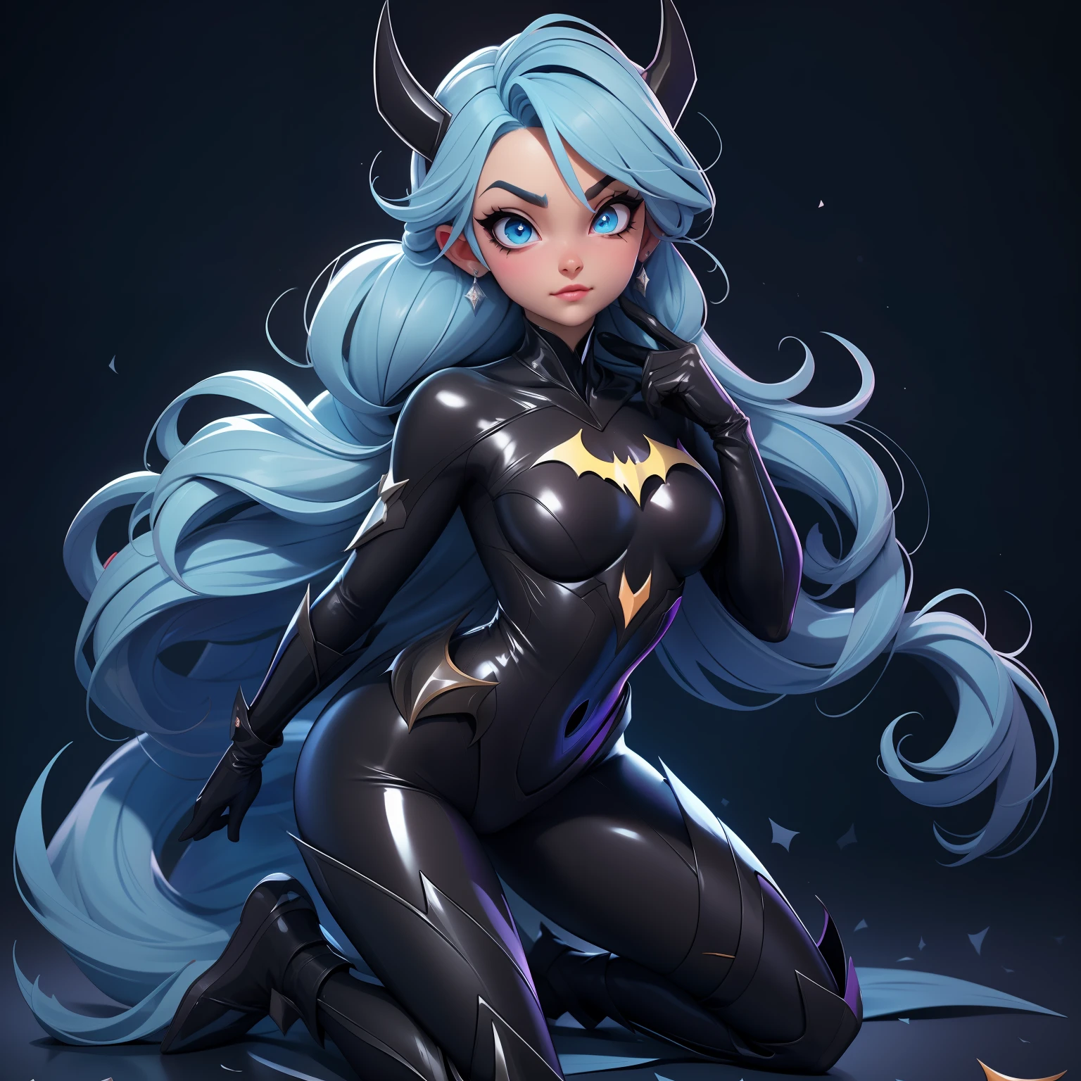 Elsa-Batman Fusion, Roupas do Batman, melting, 1girl, Bodysuit de latex preto, Beautiful, (master part:1.2), (melhor qualidade:1.2), ((pose de luta)), ((campo de batalha)), cinemactic, olhos perfeitos, pele perfeita, perfect  lighting, sorrir, luz, cor, pele texturizada, detalhe, Beleza, maravilha, ultra-detalhado, rosto perfeito