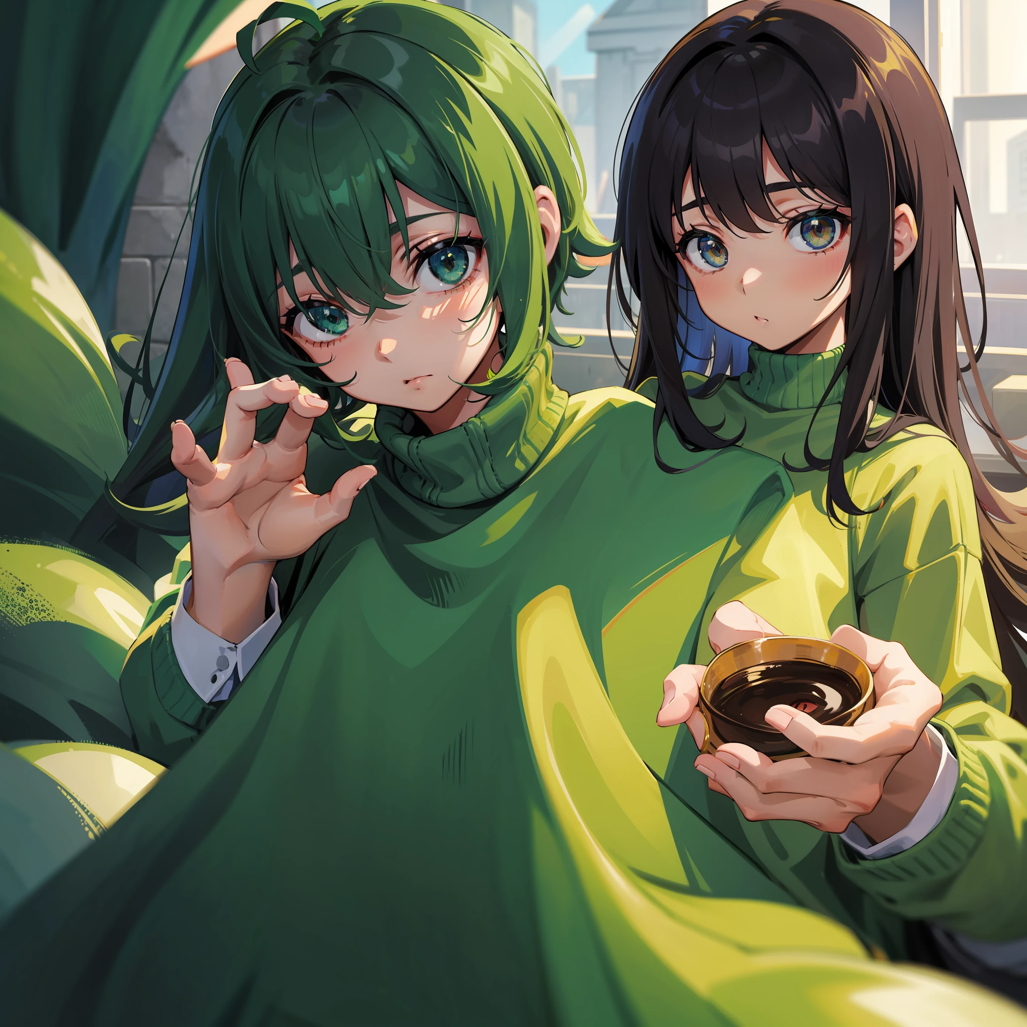menina de pele escura, olhos dourados, cabelos brancos curtos e ondulados, wearing a green sweater