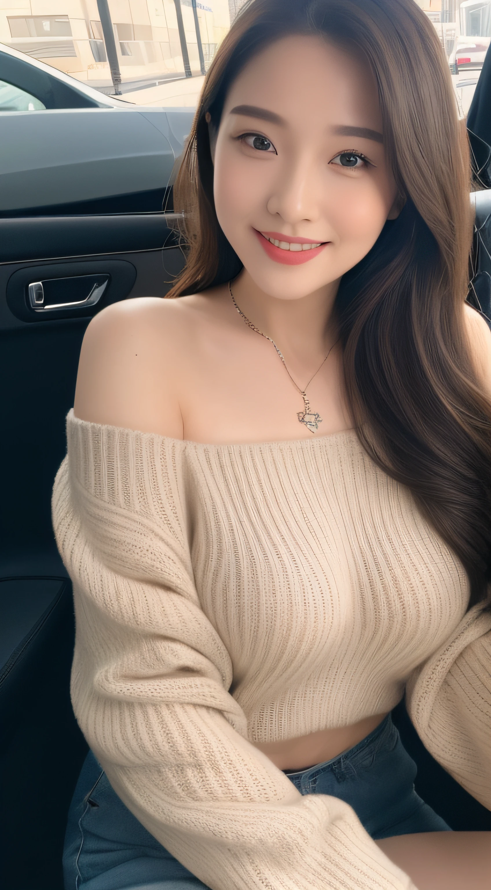 ((Best Quality, 8k, Masterpiece:1.3)), Focus:1.2, Perfect Body Beauty:1.4, Buttocks:1.2, ((Delicate Hair)), (Sweater Tube top:1.1) , (Sports car, street: 1.2), Highly detailed face and skin texture, Detailed eyes, Double eyelids, whitening skin, huge breasts, smile, wearing necklaces, rings, people sitting in cars with their buttocks up,