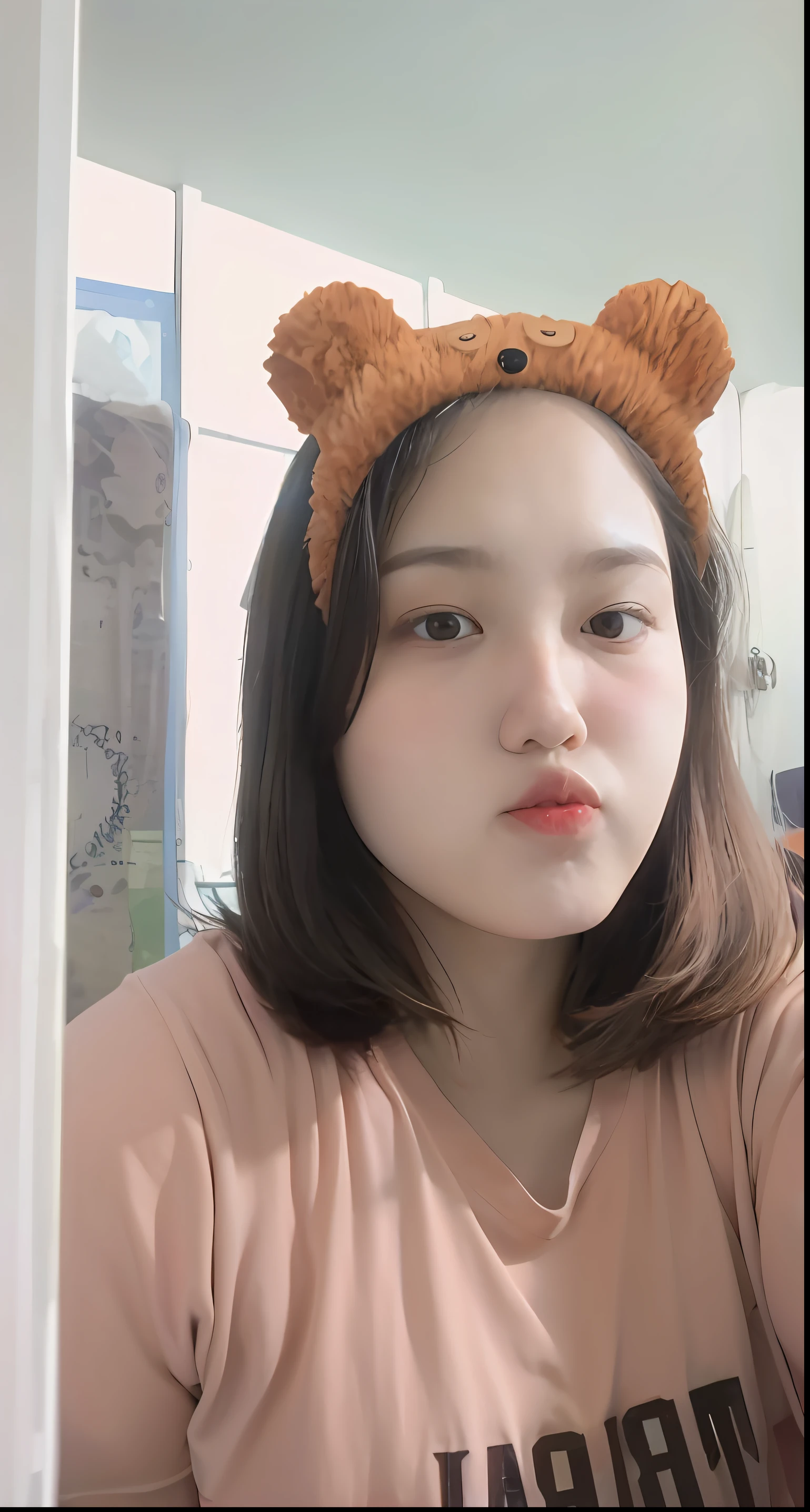there is a woman with a bear hat on her head, ruan cute vtuber, with round face, dang my linh, with round cheeks, round cute face, with small nose, south east asian with round face, 19-year-old girl, young cute face, anime thai girl, girl cute-fine-face, clear cute face
