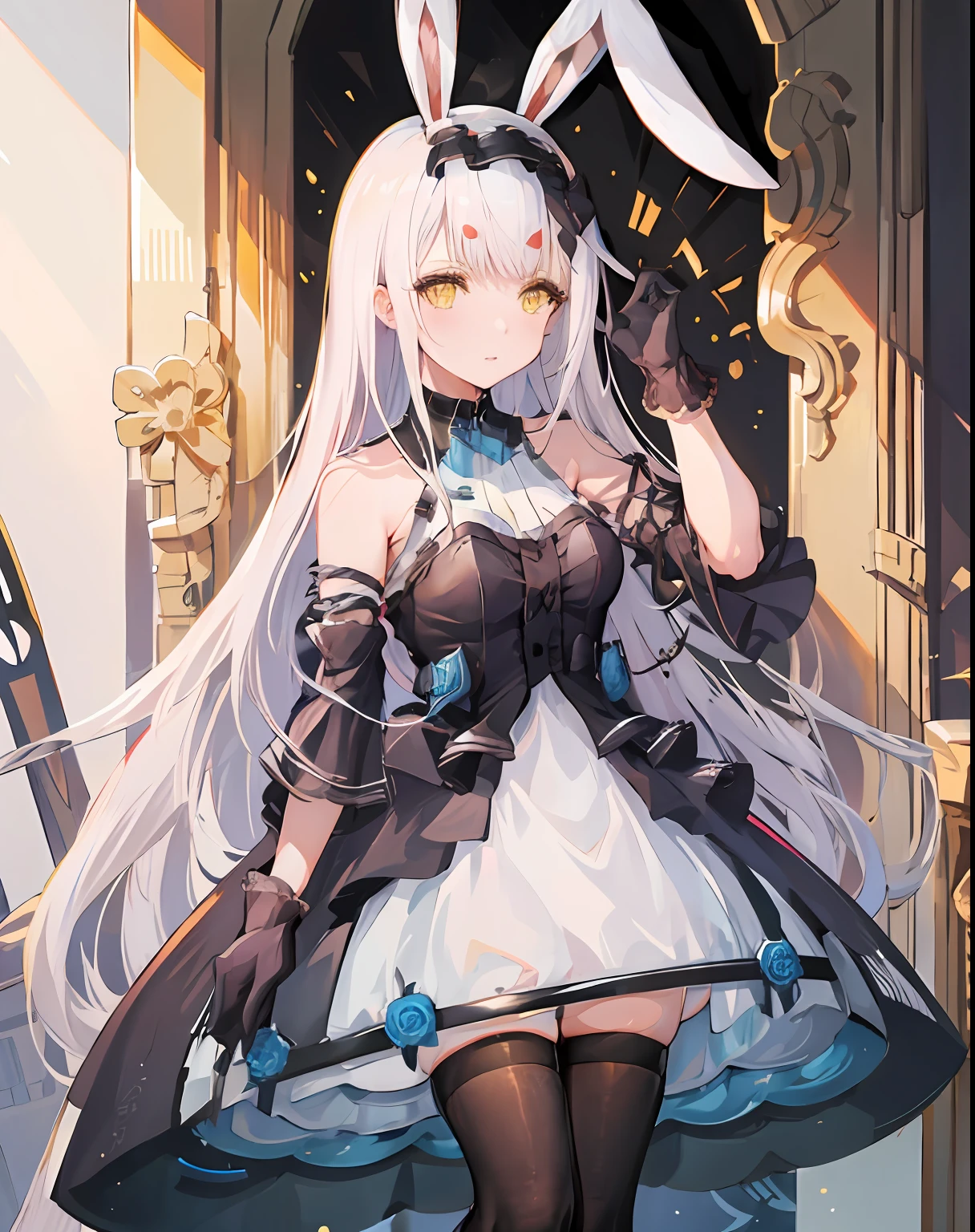 1girl, shimakazealice, azur lane, alice, yellow eyes, white hair, very long hair, rabbit ears, sleeveless dress, black gloves, black legwear