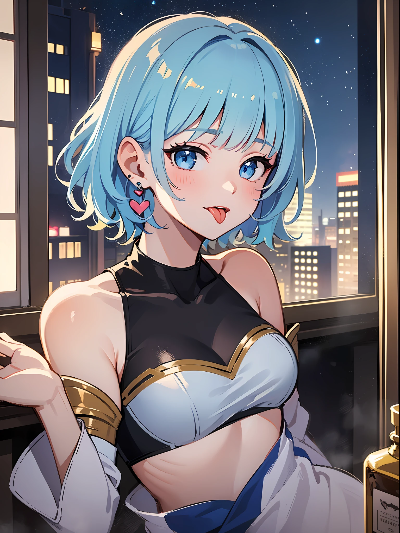 (masterpiece:1.3), (best quality:1.3), high resolution,
couboy shot,
leaning forward, body facing forward,
(one cute girl:1.3), solo,
white skin, small Breast, eight-headed person,
light blue hair, (bobbed hair:1.2), (short hair:1.2), (blunt bangs:1.2), beautiful hair, blue eyes, beautiful detailed eyes,
(tongue out:1.3), blush, heart, cheerful smile,
bath towel, detached sleeves, earrings,
indoors, (night:1.2), night sky, bath,
shadowlighting,