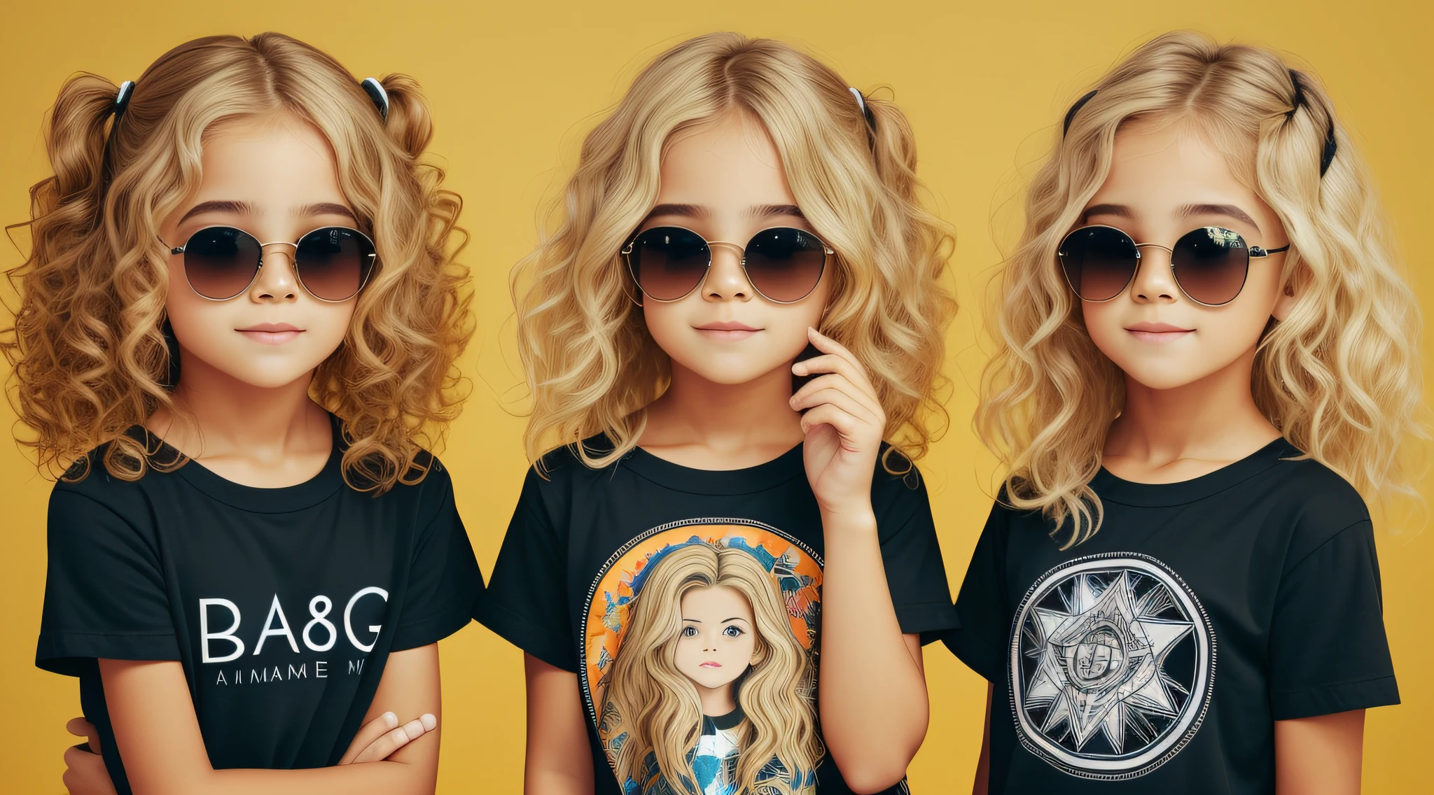 Three young men wearing matching black shirts and sunglasses posing for a photo, cabelos loiros cacheados | d & d, katelynn mini estilo bonito, modelo bonito da , lindo modelo jovem, meninao, meninas fofado bonito, menina modelo bonia menina com cabelo loiro,de retrato, cabelos loiros cacheados, retrato de alta qualidade, estilo bonito, menina de cabelos loiros cacheurtos