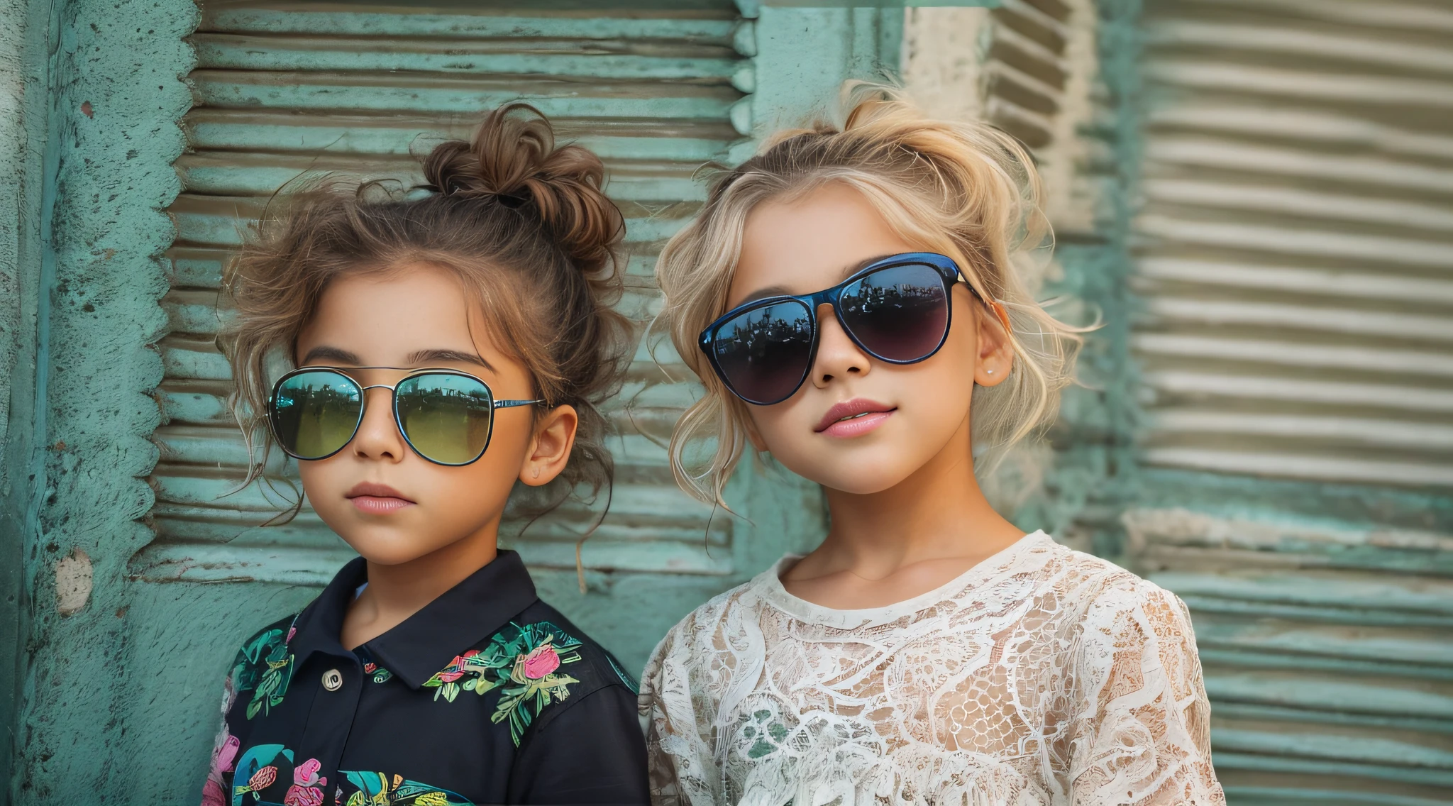 three young KIDS BLONDIE wearing matching black shirts and sunglasses posing for a photo, cabelos loiros cacheados | d & d, katelynn mini estilo bonito, modelo bonito da menina, lindo modelo jovem, menina bonito, meninas fofas, lindo bonito, menina modelo bonita, uma menina com cabelo loiro, foto de retrato, cabelos loiros cacheados, retrato de alta qualidade, estilo bonito, menina de cabelos loiros cacheados curtos