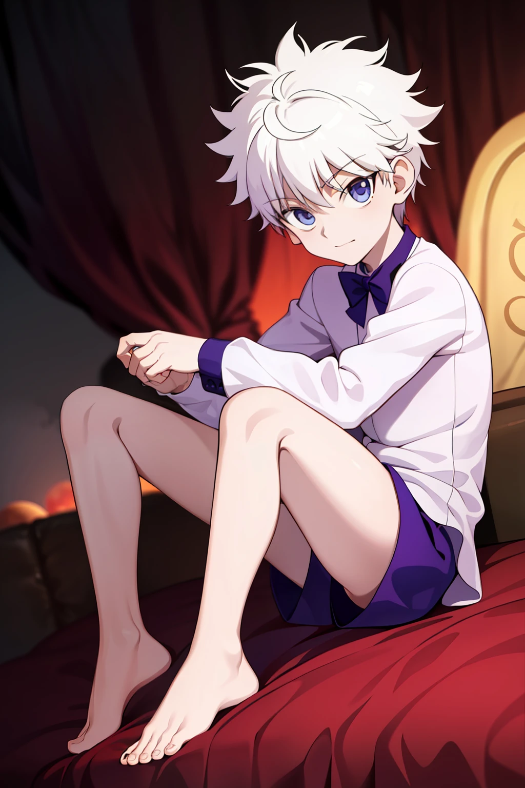 masterpiece, best quality, high quality, 1boy, solo, male focus, looking at viewer, full body, killua_zoldyck, background blood moon, wearing satin pajamas shorts, the material of satin pajamas is shiny, soft and smooth to the touch, no underwear,bulge,