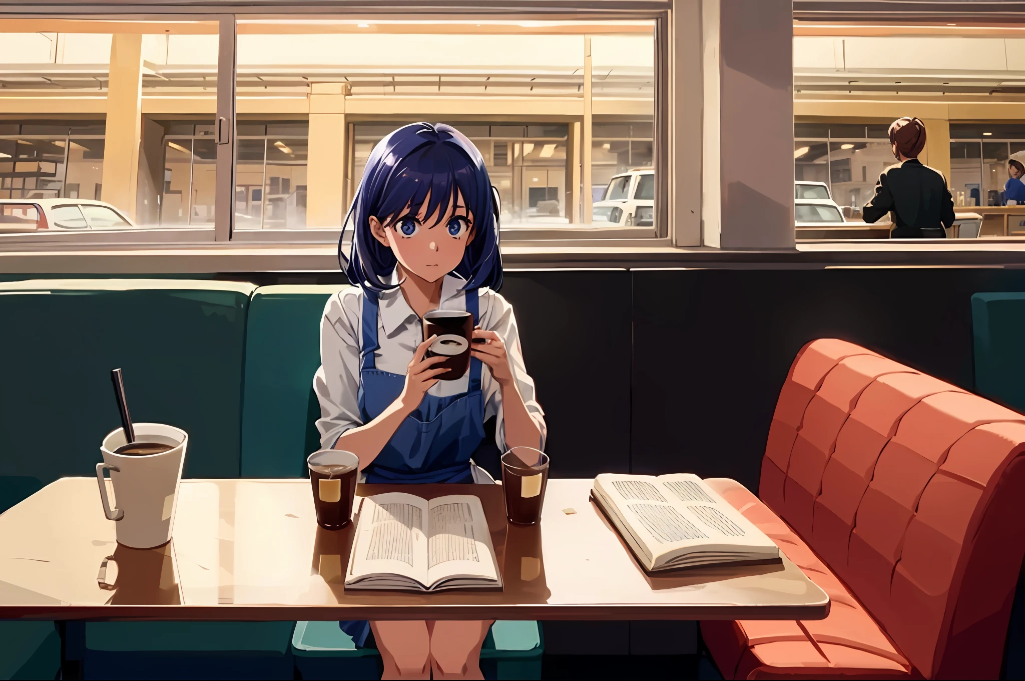anime, scenecy: cafeteria cheia de pessoas. Girl at a table with a cup of coffee , lendo um livro