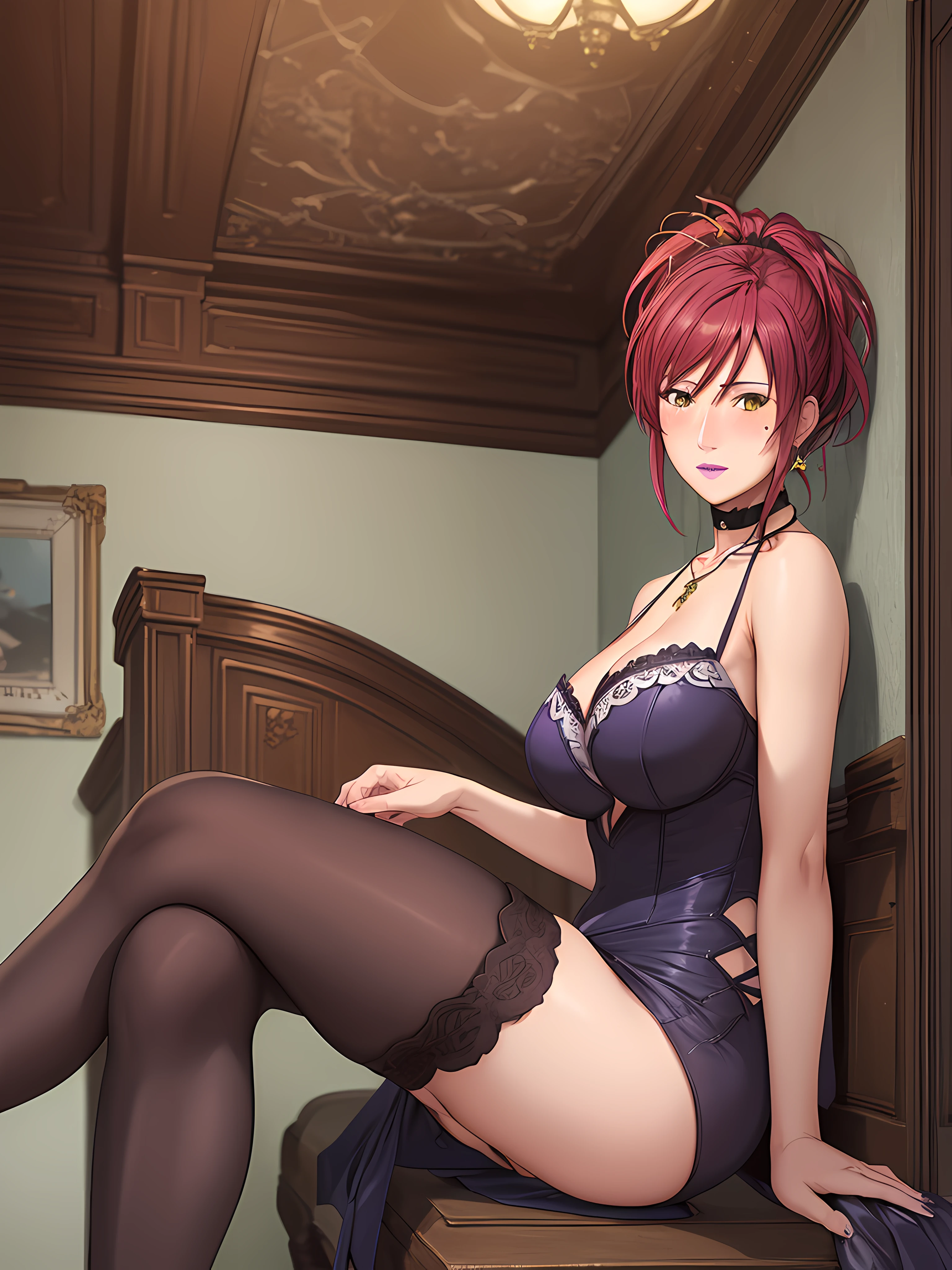 (Masterpiece, Best Quality, High Quality:1.4), professional artwork, Intricate Details, field of view, sharp focus, detailed painting, photorealistic lighting, trending on pixiv, (vivid lighting, vibrant colors:1.05), realistic shadows, ambient occlusion, by Takato Yamamoto Marie Mamiya, mature female, milf, solo, (curvy:1.1), sitting on sofa, crossed legs, luxury room, (cowboy shot:1.1), (red hair:1.05), hair ornament, lipstick, makeup, (mole under eye:0.9), choker, ultra detail hair, ultra detail face, (yellow eyes:1.05), perfect eyes, perfect face, earrings, (seductive look, blush:1.2), (main dress:1.2), choker, (black thighhighs:1.1),(highheels:1.2), bare shoulders, necklace, fingernails, (Large Breasts:1.15), Cleavage, big ass, thighs