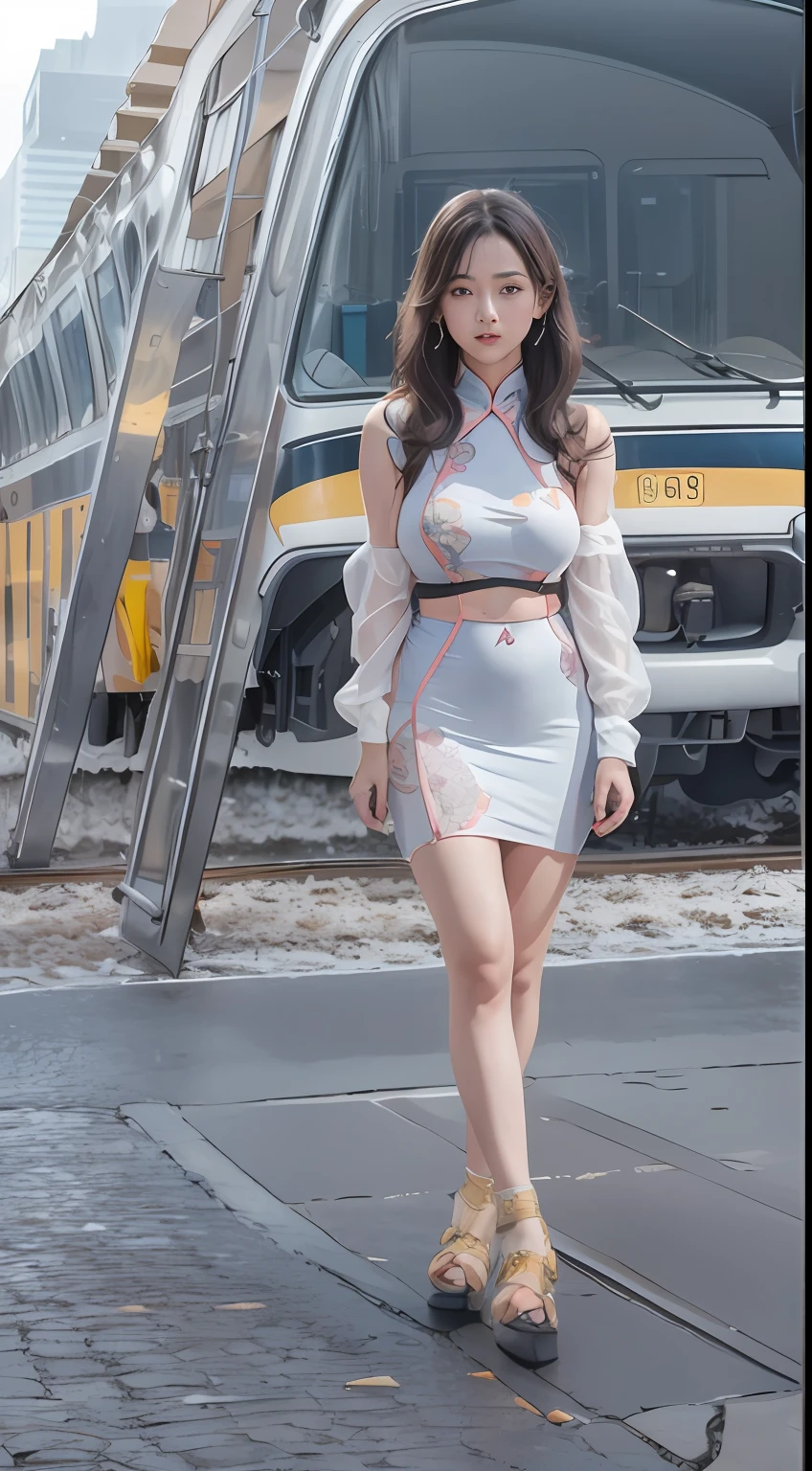 （tmasterpiece，k hd，hyper HD，16k）brunette color hair，15 year old girl，Multi-layer gauze skirt，Emphasize the lips，blusher，Soft lips，Glossy lips，，Soft hair like slippery silk，Sparkling，Almost reluctant to look away，She wears a suspender cheongsam！Imagine that，She just wore a suspender cheongsam to shop in the bustling Sanlitun，One can't help but want to take a closer look。Take a closer look, desi，Her belly pocket is quite stylish，The skirt flutters in the wind，It's like adding a touch of energy to the whole street，Crocodile skin train，The angle of the sneak peek，（From the angle below），Sit in a train crocodile leather seat，sitting in front，Zoom camera，head portrait，Head down and sleepy-eyed，Look at the ground， best qualtiy， hyper HD， （realisticlying：1.4），， A high resolution， the detail， RAW photogr， Sharp Re， Nikon D850 Film Stock Photo by Jefferies Lee 4 Kodak Portra 400 Camera F1.6 shots, Rich colors, ultra-realistic vivid textures, Dramatic lighting, Unreal Engine Art Station Trend, cinestir 800，