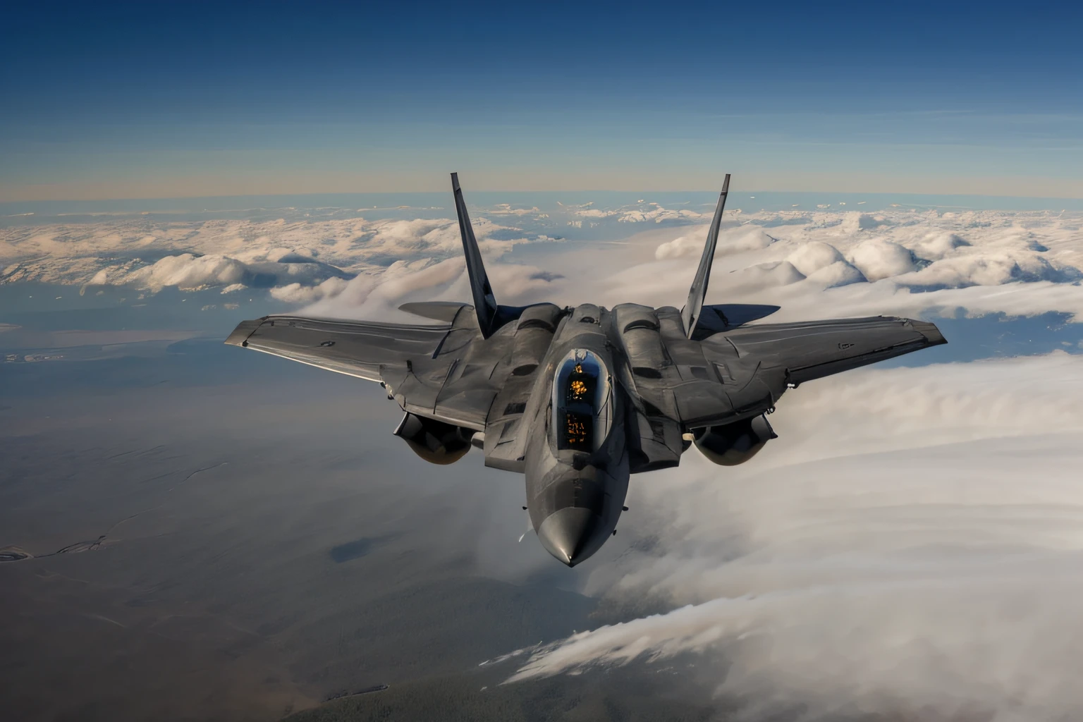 (masterpiece) Black plane - fighter. It flies over a huge forest. It's cloudless weather. The sun is going down. ((8k Ultra HD.))