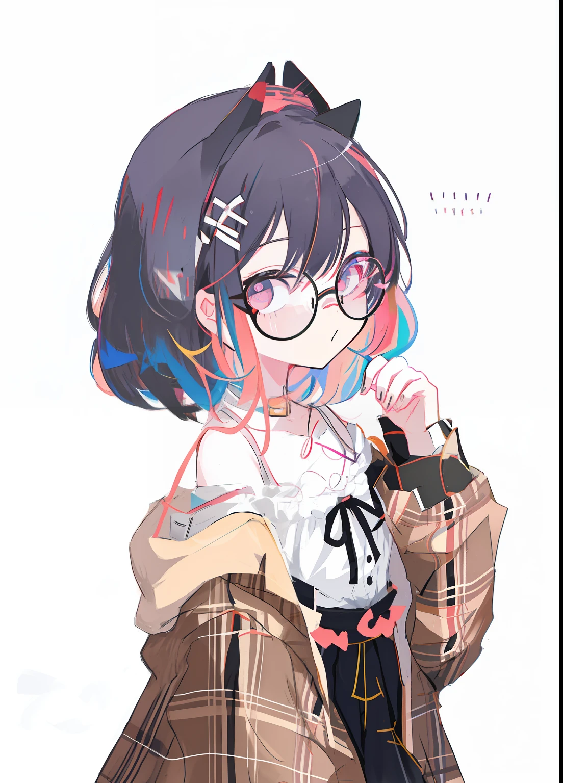 Anime girl posing for photos wearing glasses and plaid coat,cute character,Guviz-style artwork,anime girl with cat ears,Cute anime girl,small curvaceous ,plethora of colors,High saturation,Leaky shoulders