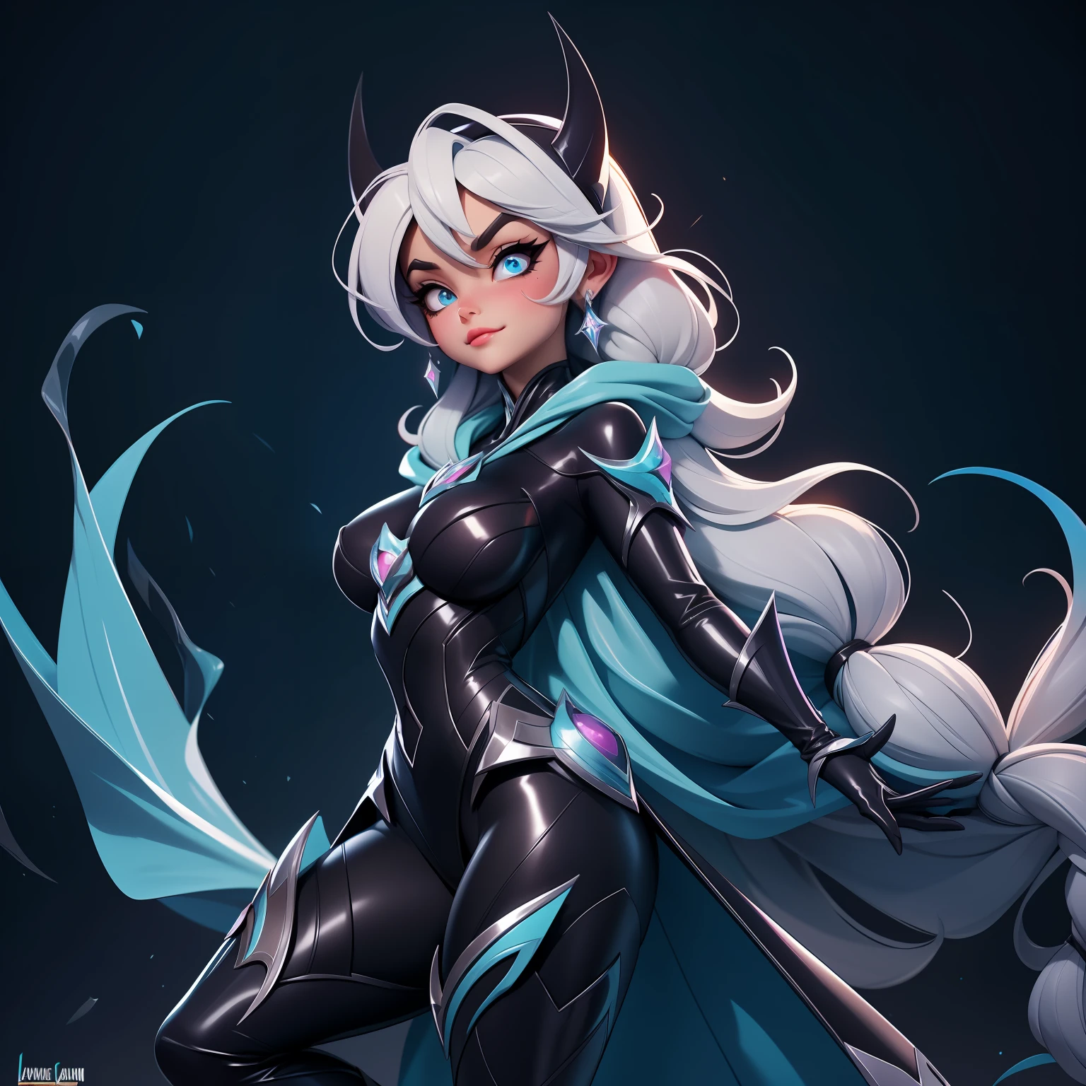 Elsa-Batman Fusion, Roupas do Batman, Cabelos da Elsa, melting, 1girl, Bodysuit de latex preto, Beautiful, (master part:1.2), (melhor qualidade:1.2), ((pose de luta)), ((campo de batalha)), cinemactic, olhos perfeitos, pele perfeita, perfect  lighting, sorrir, luz, cor, pele texturizada, detalhe, Beleza, maravilha, ultra-detalhado, rosto perfeito