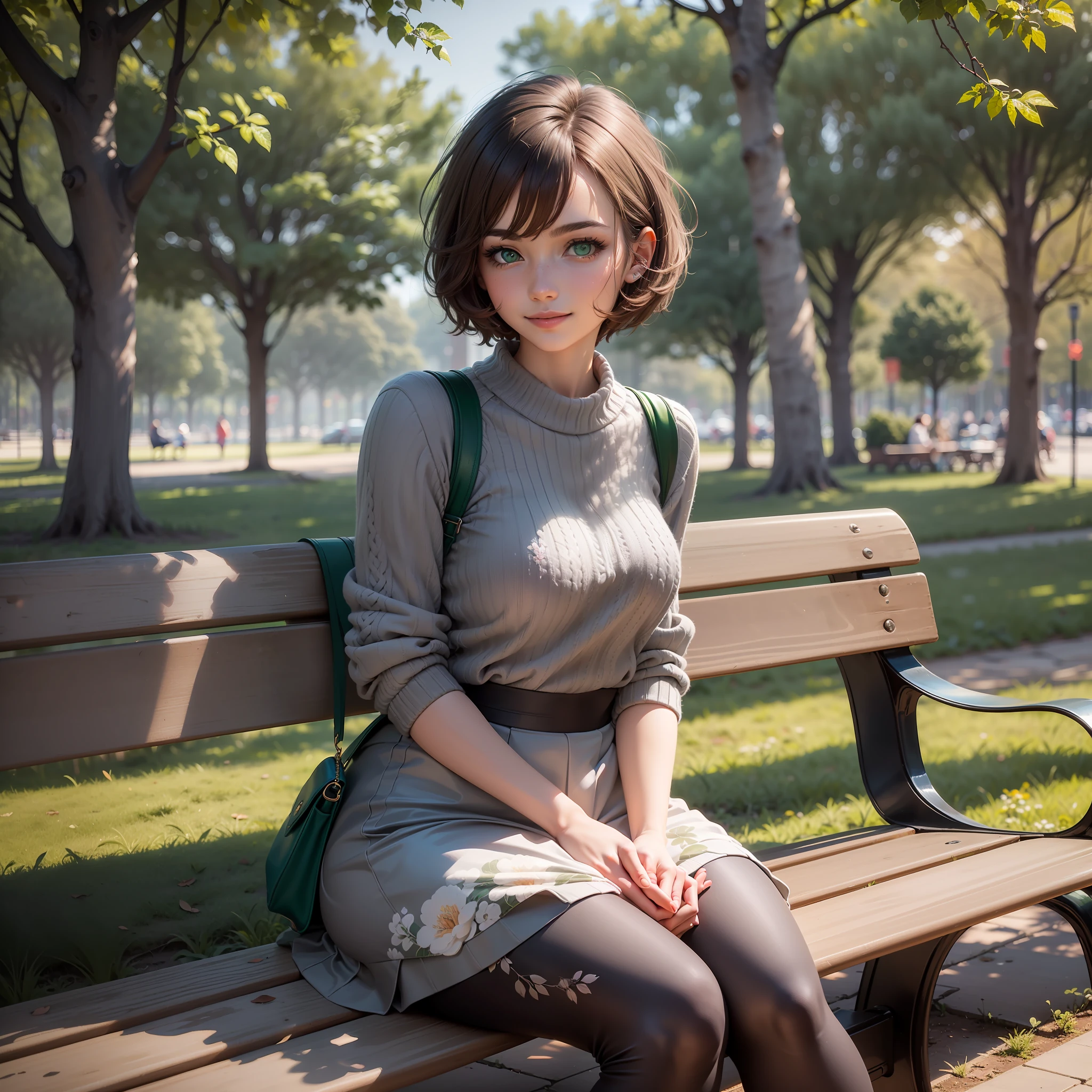 (dramatic illumination, dynamic angle, intense color contrast), (young woman with pixie-cut brown hair, white skin, green eyes: 1.2), (sitting on a bench in a park), (wearing grey sweater, navy floral skirt, grey leggings1.1), (facing away from the viewer), (shy smile)