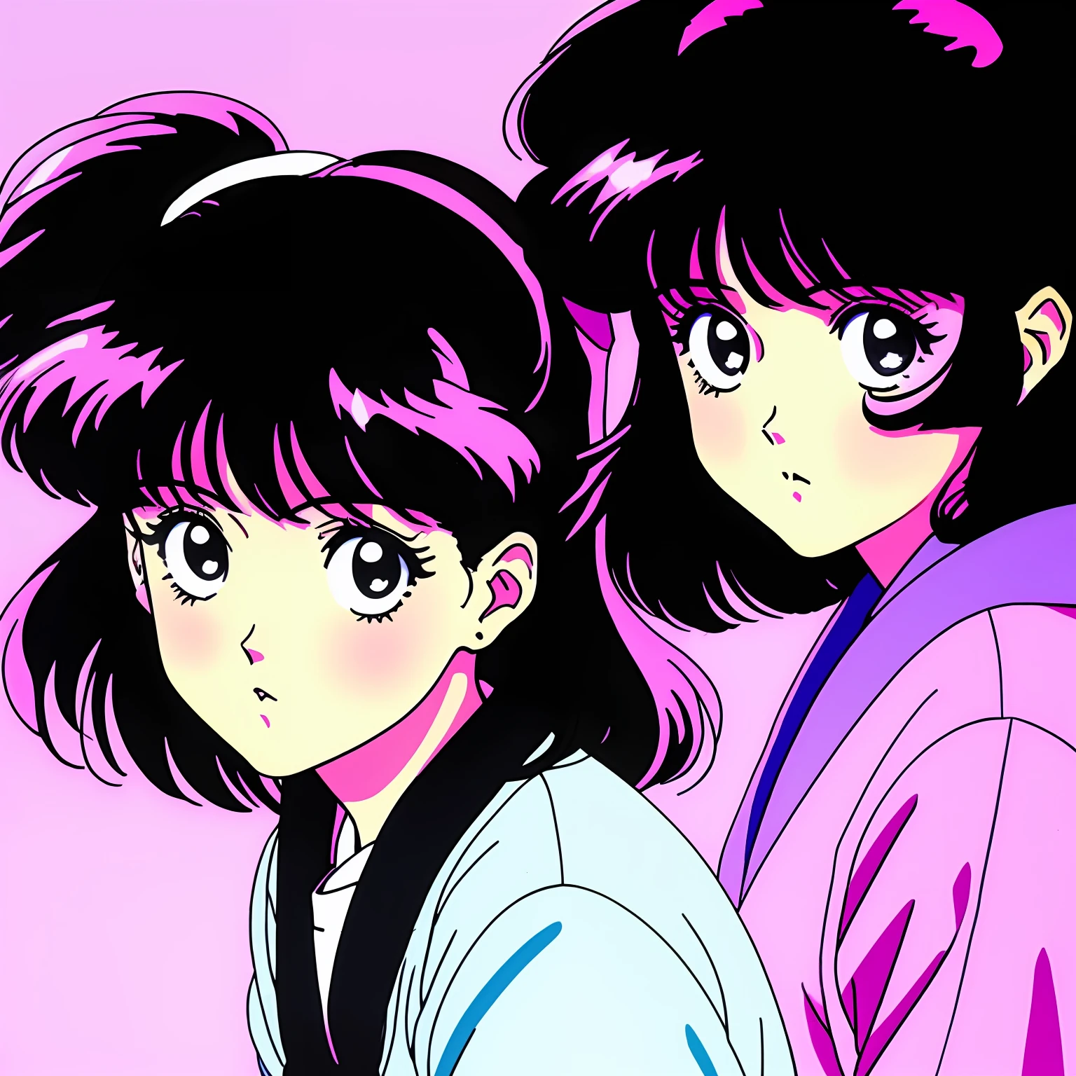Fantastic pastel colors、Retro Anime、1990s anime、1980s anime、Brush strokes
masterpiece、top-quality、1girll、独奏、black eyes、A dark-haired、Stadjan、Twin-tailed、closed dmouth、、simple background