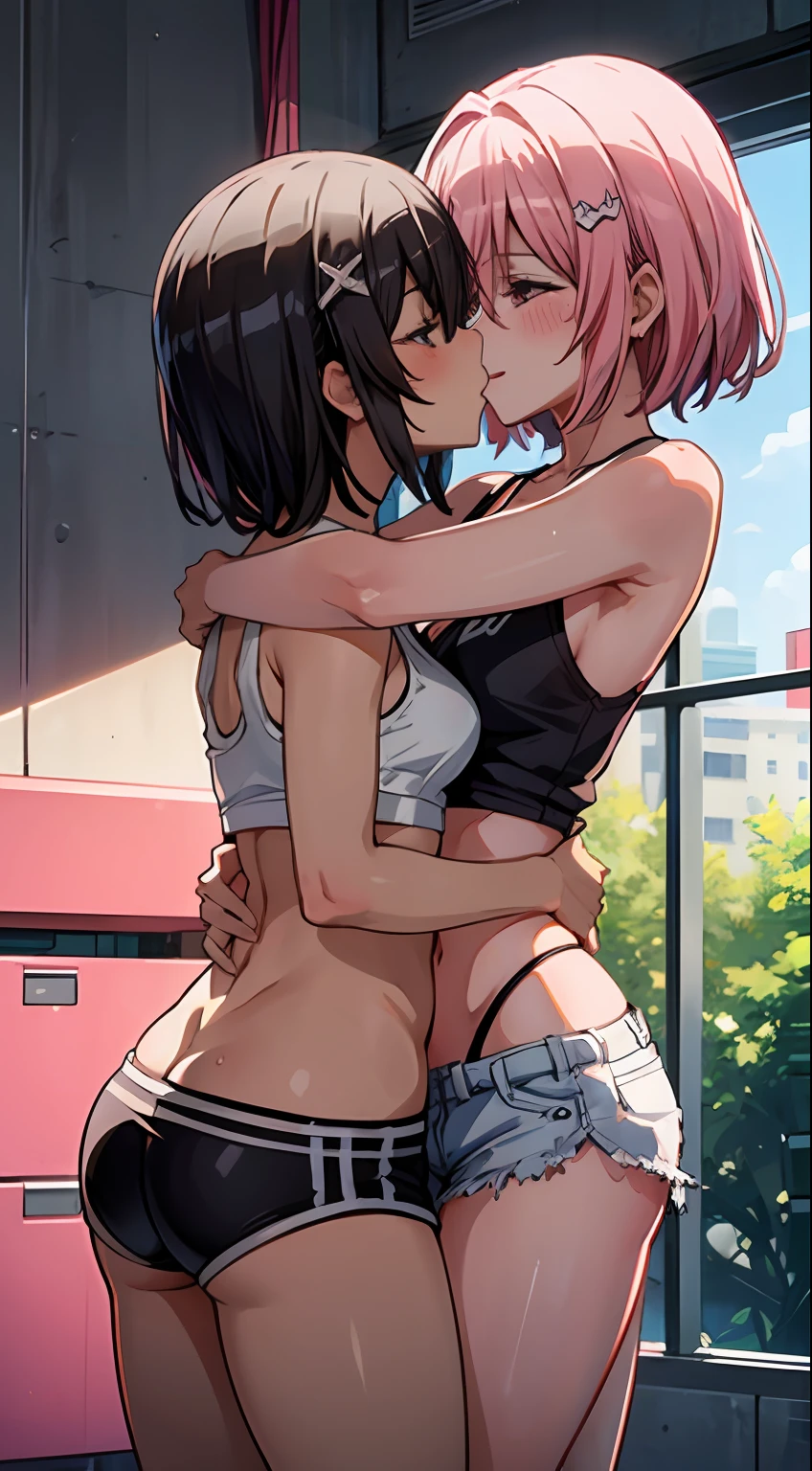 Two women having fun in a gymnasium、obscenity:1,2、Metamorphosis:1,2、Lesbian Mika:1,2、Grabbing each other's buttocks、the kiss、Momovelia Deviluk、Black tank top、White Hot Pants、Pink shorthair、red blush、a smile、tre anatomically correct