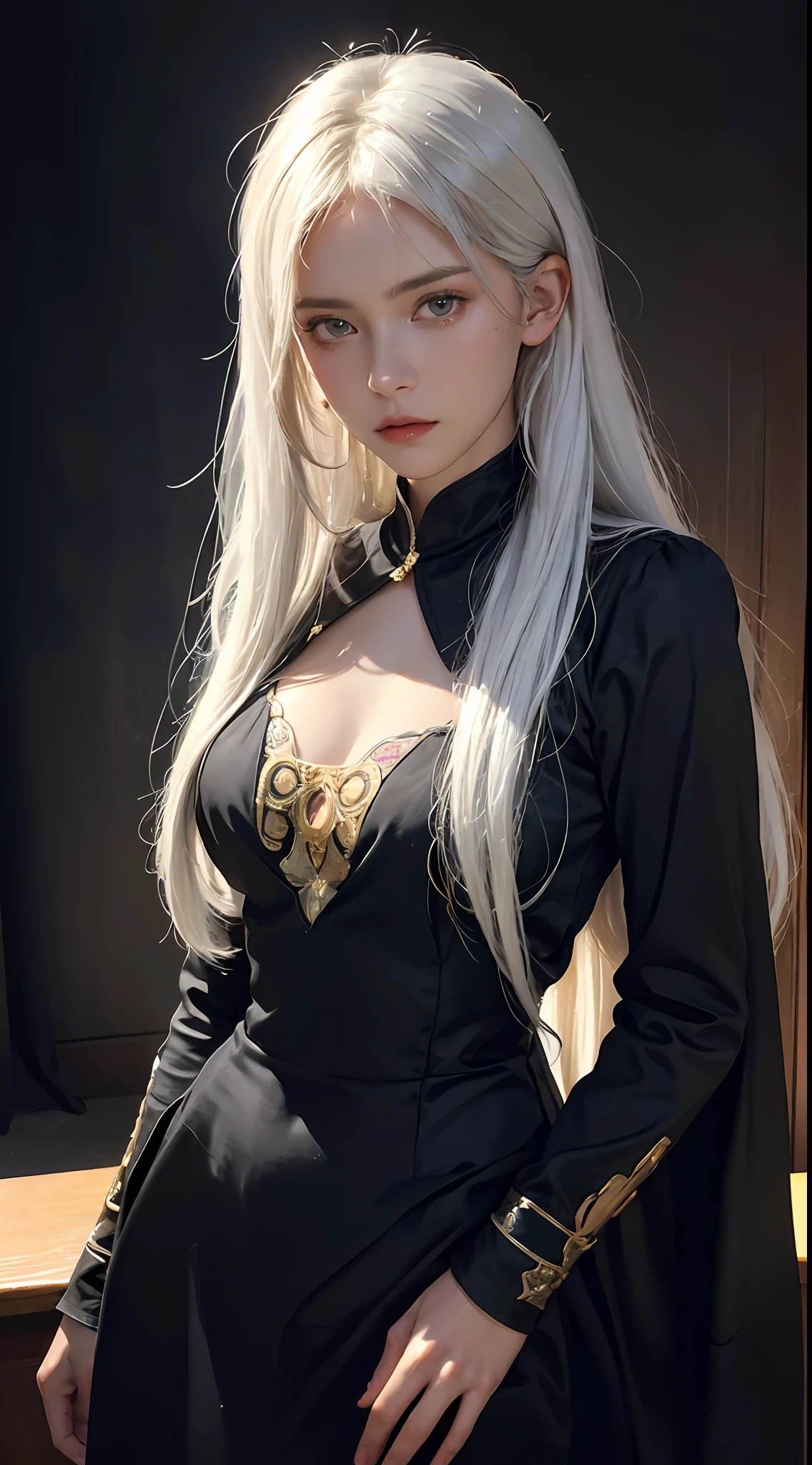 Hyperrealist portrait of female by david hockney and alphonse mucha,fantasy art, photo realistic, dynamic lighting, artstation, poster, volumetric lighting, very detailed faces, 4 k, award winning,, 1girl, in the dark, deep shadow, low key,cowboy shot,(official clothing:1.4) ,long hair,white hair,