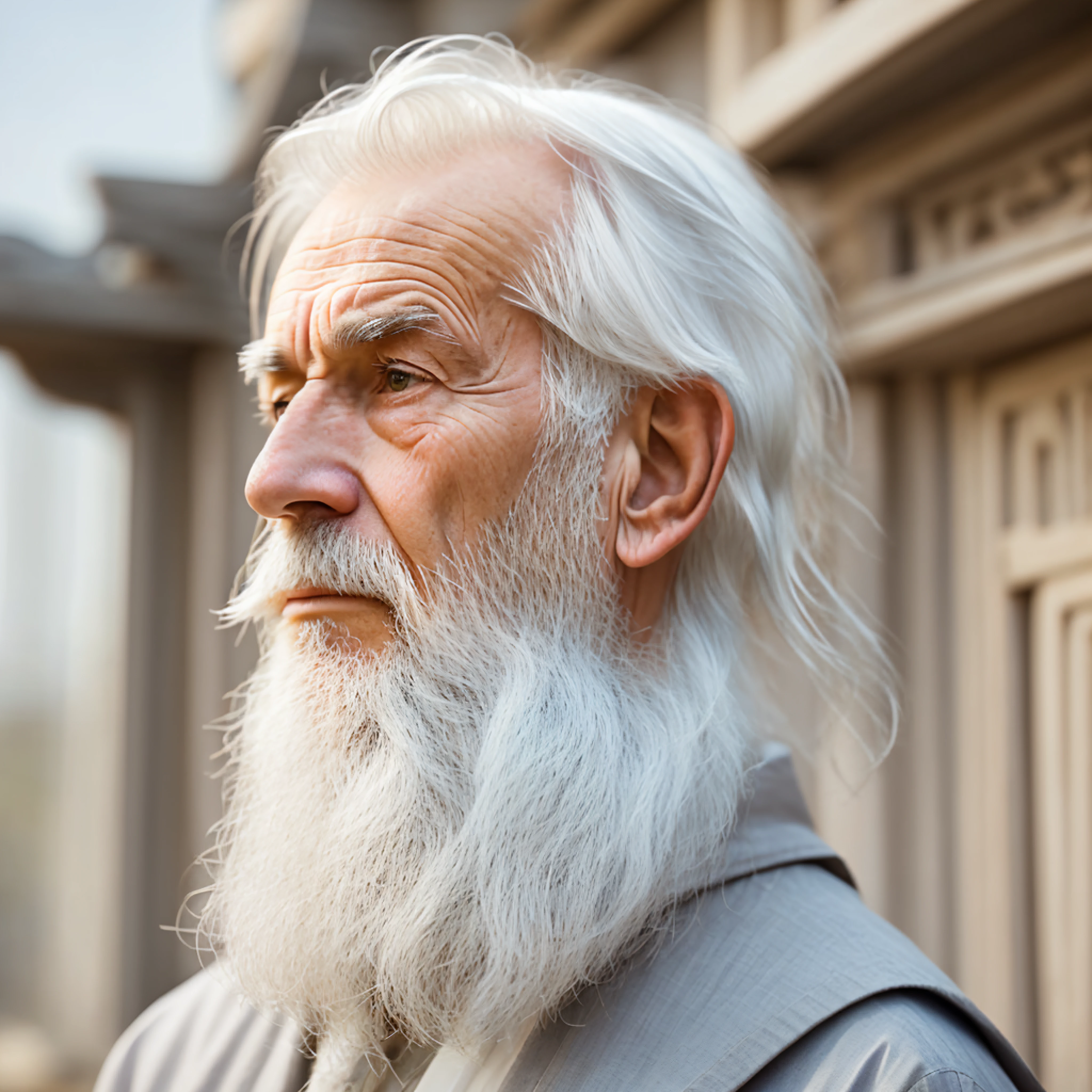 An elder with a beard and white hair, with a serene face, looking producing, inside a futuristic temple --auto --s2