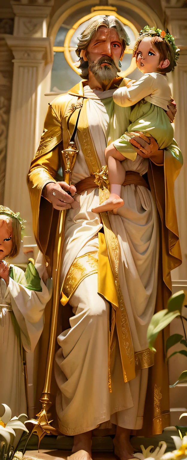 Saint Joseph with a green robe and golden robe and with the Child Jesus in one arm and on the other a staff with white lilies- realistic