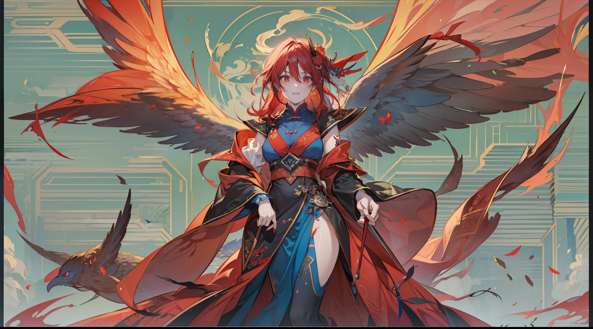 tmasterpiece，very high res，Extremely high image quality，Solo girl，half-orc，drak，Wings，bird's eyes view，nedium breasts，Sharp teeth，Blazing red envelope eyes，Red and blue flame hairs，Angry，staring at the audience，