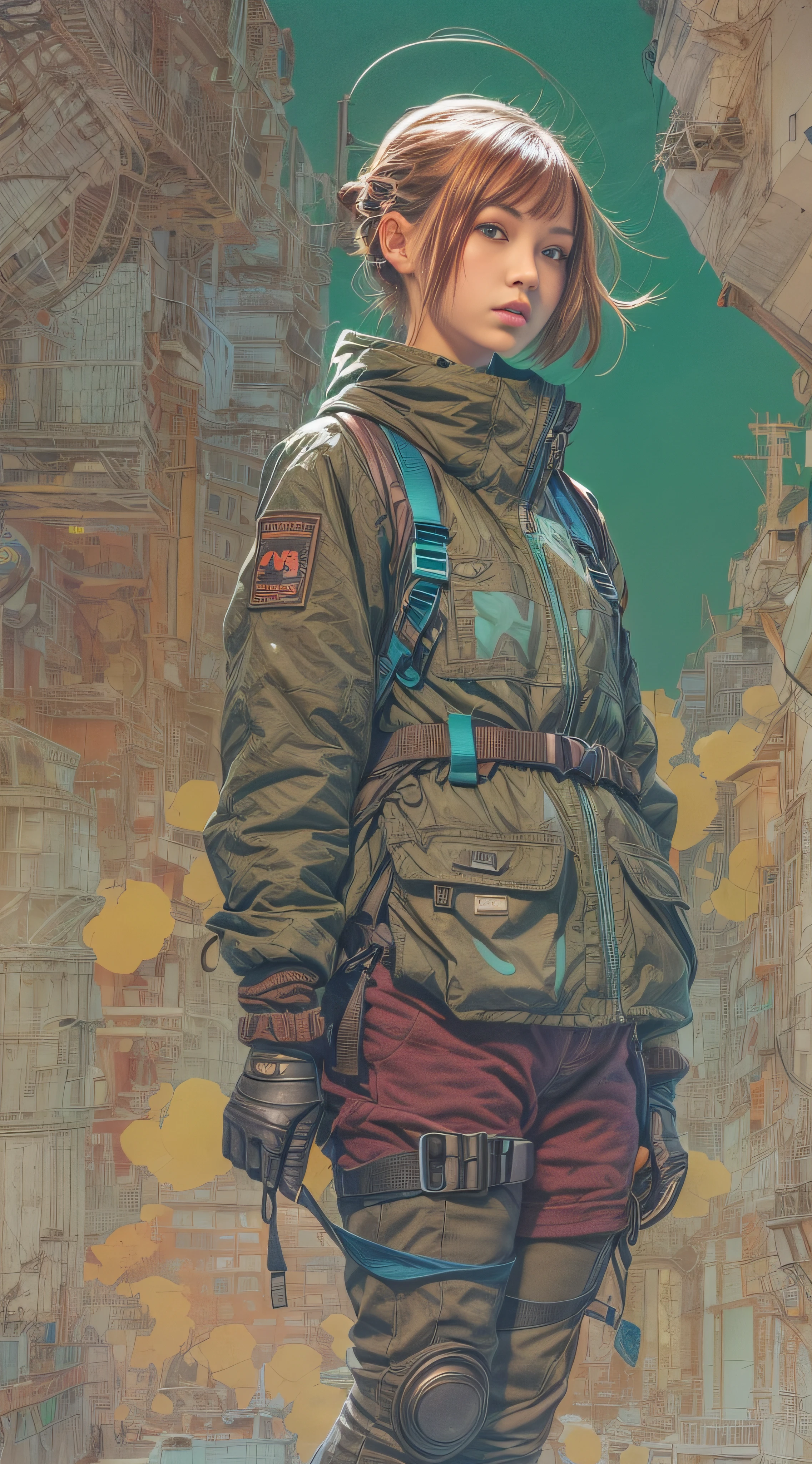 1monk warrior girl with blue army green techwear clothes, Short light brown hair, shoelace, Vintage Scifi Background Abstract, Art by Moebius, Art by Ashley Wood