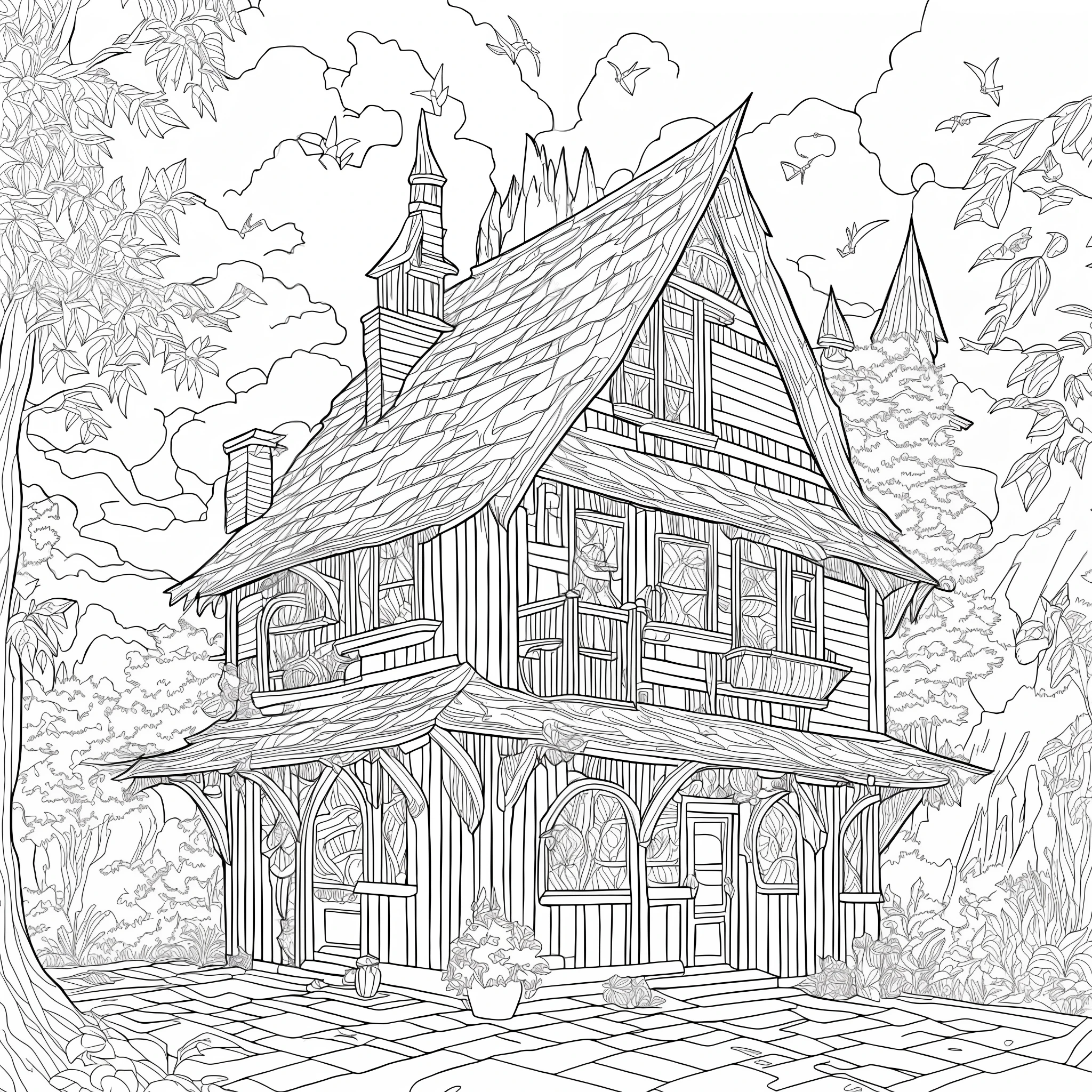 Coloring page for adult, simple line sketch: fantasy world, witch's house