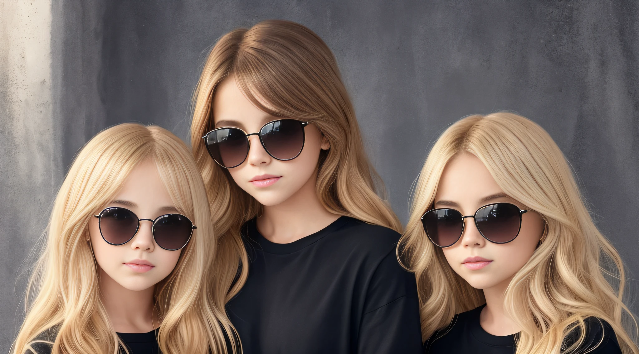 three young KIDS BLONDIE wearing matching black shirts and sunglasses posing for a photo, cabelos loiros cacheados | d & d, katelynn mini estilo bonito, modelo bonito da menina, lindo modelo jovem, menina bonito, meninas fofas, lindo bonito, menina modelo bonita, uma menina com cabelo loiro, foto de retrato, cabelos loiros cacheados, retrato de alta qualidade, estilo bonito, menina de cabelos loiros cacheados curtos