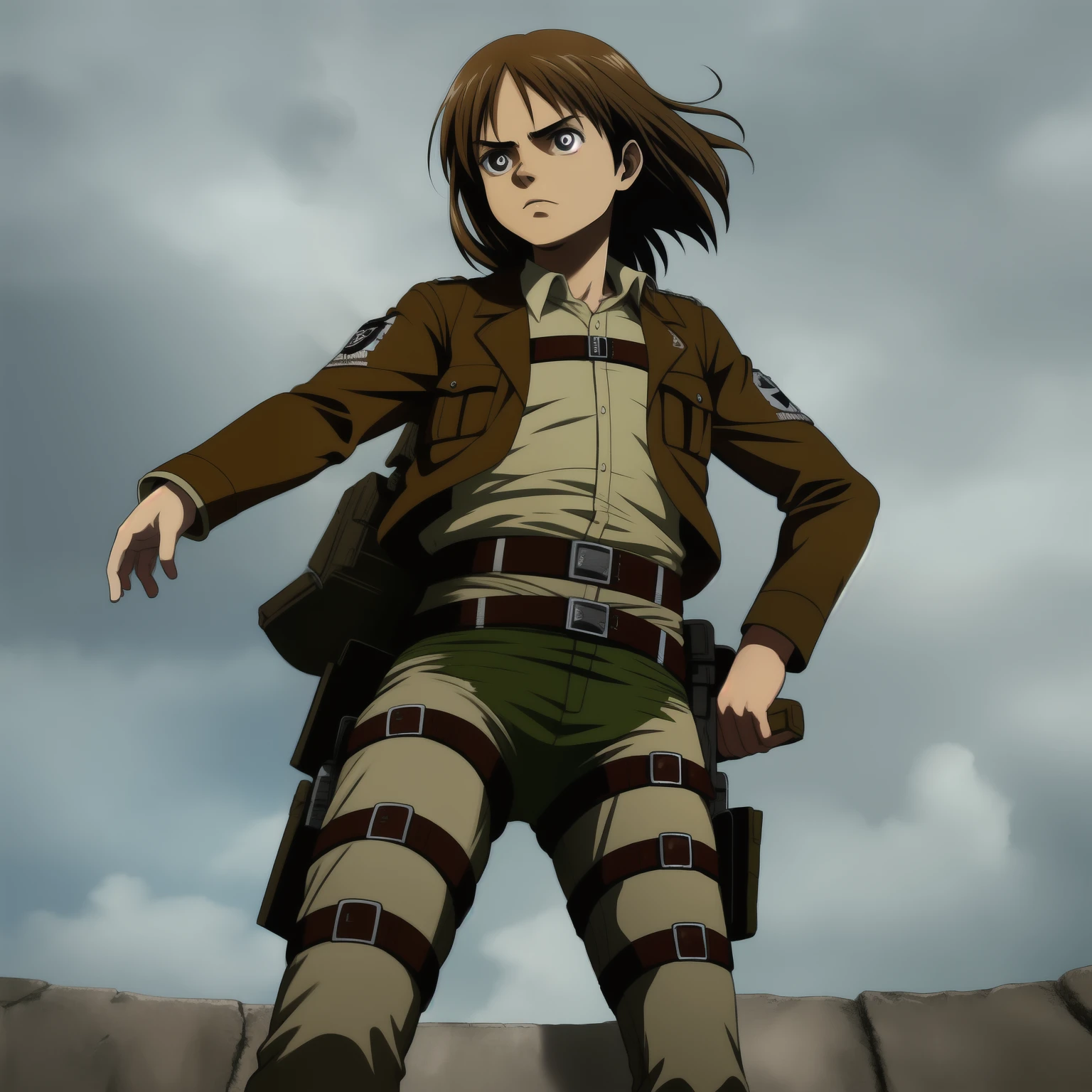Pico in Attack on Titan is doing a tummy motion,It's a girl,He was wearing a Marais uniform,On Alan Yeager's thigh。
