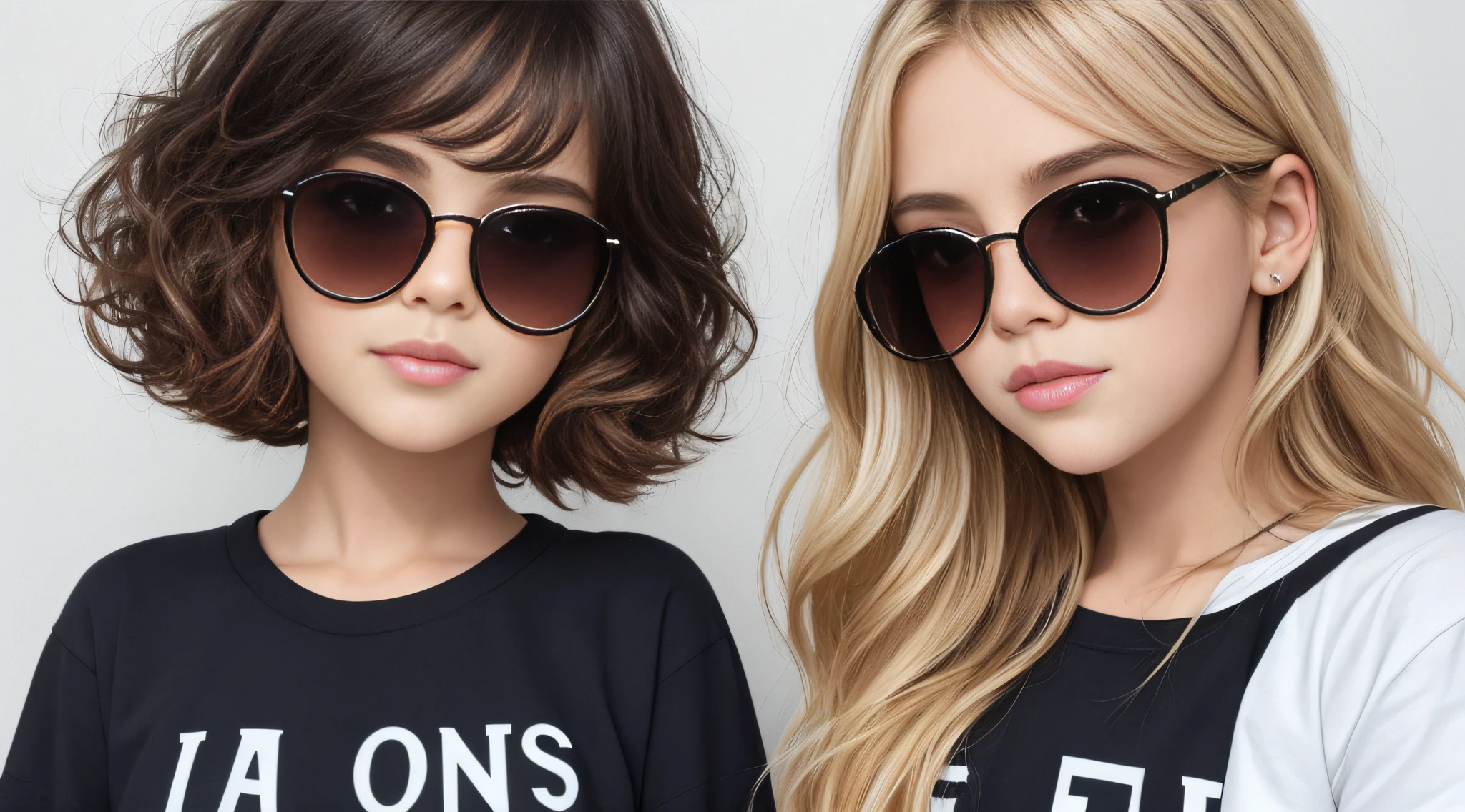 three young KIDS BLONDIE wearing matching black shirts and sunglasses posing for a photo, cabelos loiros cacheados | d & d, katelynn mini estilo bonito, modelo bonito da menina, lindo modelo jovem, menina bonito, meninas fofas, lindo bonito, menina modelo bonita, uma menina com cabelo loiro, foto de retrato, cabelos loiros cacheados, retrato de alta qualidade, estilo bonito, menina de cabelos loiros cacheados curtos