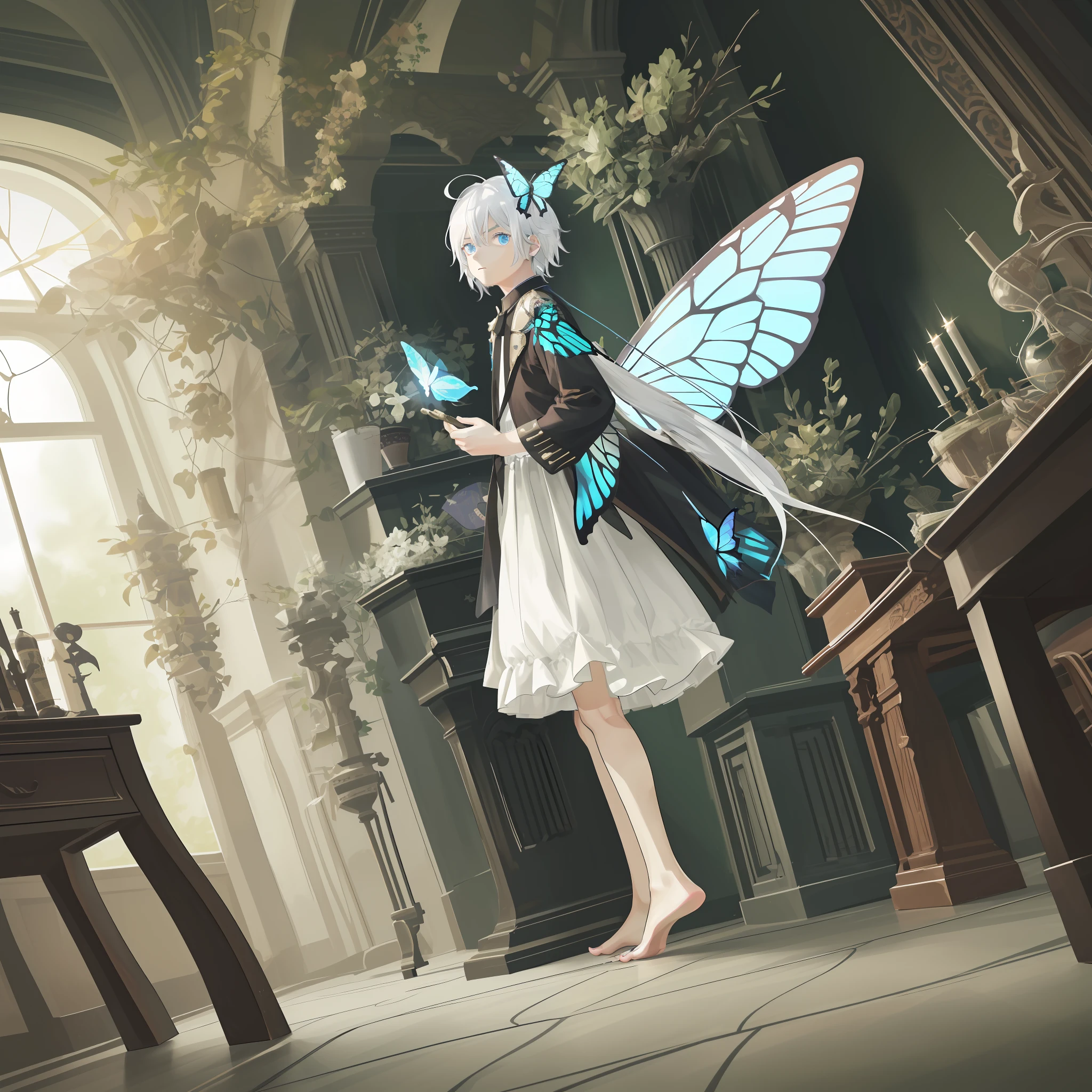(4K),Little boy with white hair and bare feet,With butterfly wings,Take the staff,Eyes resolute,Cinema lenses,2D