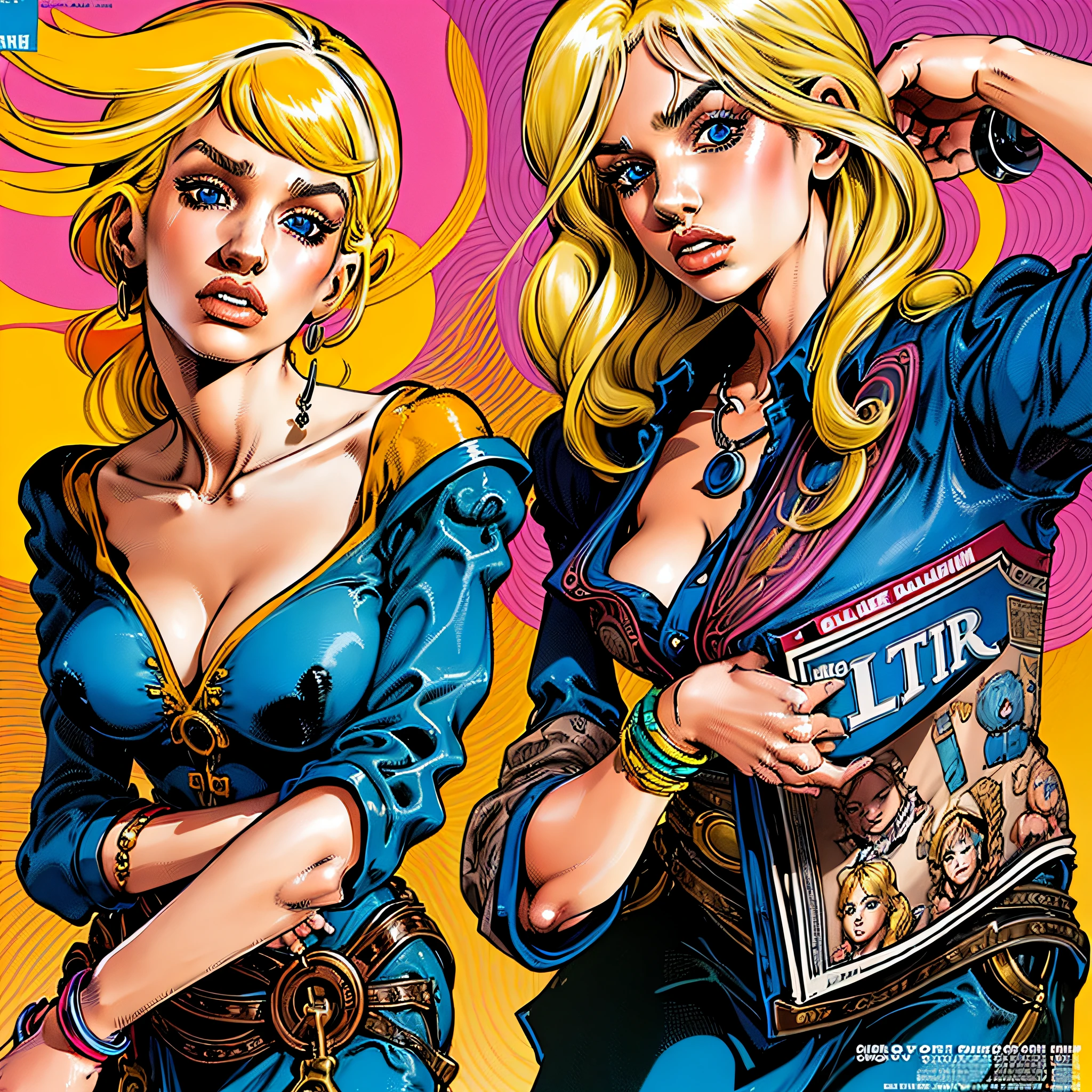 masterpiece, best quality, 1girl, bangs, golden hair, blue skirt, blush, bracelet, breasts, clothes around waist, collarbone, collared shirt, cowboy shot, dress shirt, ear piercing, eyebrows visible through hair, gradient hair, long hair, looking at viewer, blue eyes, illustration, (magazine:1.3), (cover-style:1.3), fashionable, woman, vibrant, outfit, posing, front, colorful, dynamic, confident, expression, holding, statement, accessory, majestic, coiled, around, touch, scene, text, cover, bold, attention-grabbing, title, stylish, font, catchy, headline, larger, striking, modern, trendy, focus, fashion, alone