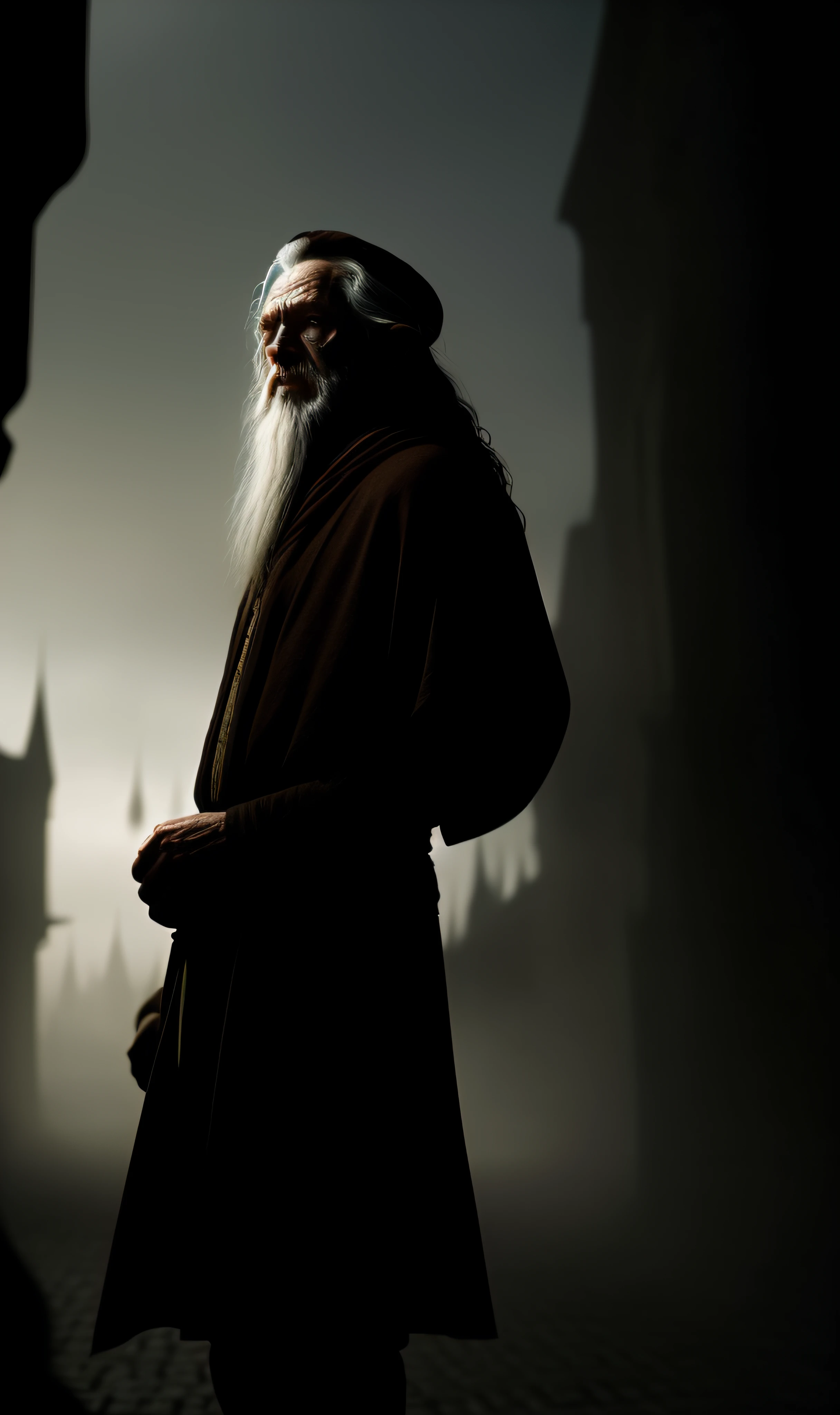 abstract colors, texture, film grain, skin pores:0.1 Hasselblad DSLR photo RAW, intricate backlit dramatic portrait of an old bearded wizard casting a spell, standing in the medieval fantasy city (cobblestone street)1.2, foggy morning, Shannara chronicles lotr gandalf hobbit willow concept art Anna Dittmann Magali Villeneuve Marc Simonetti, cinematic film still frame, (style (film grain)1.3