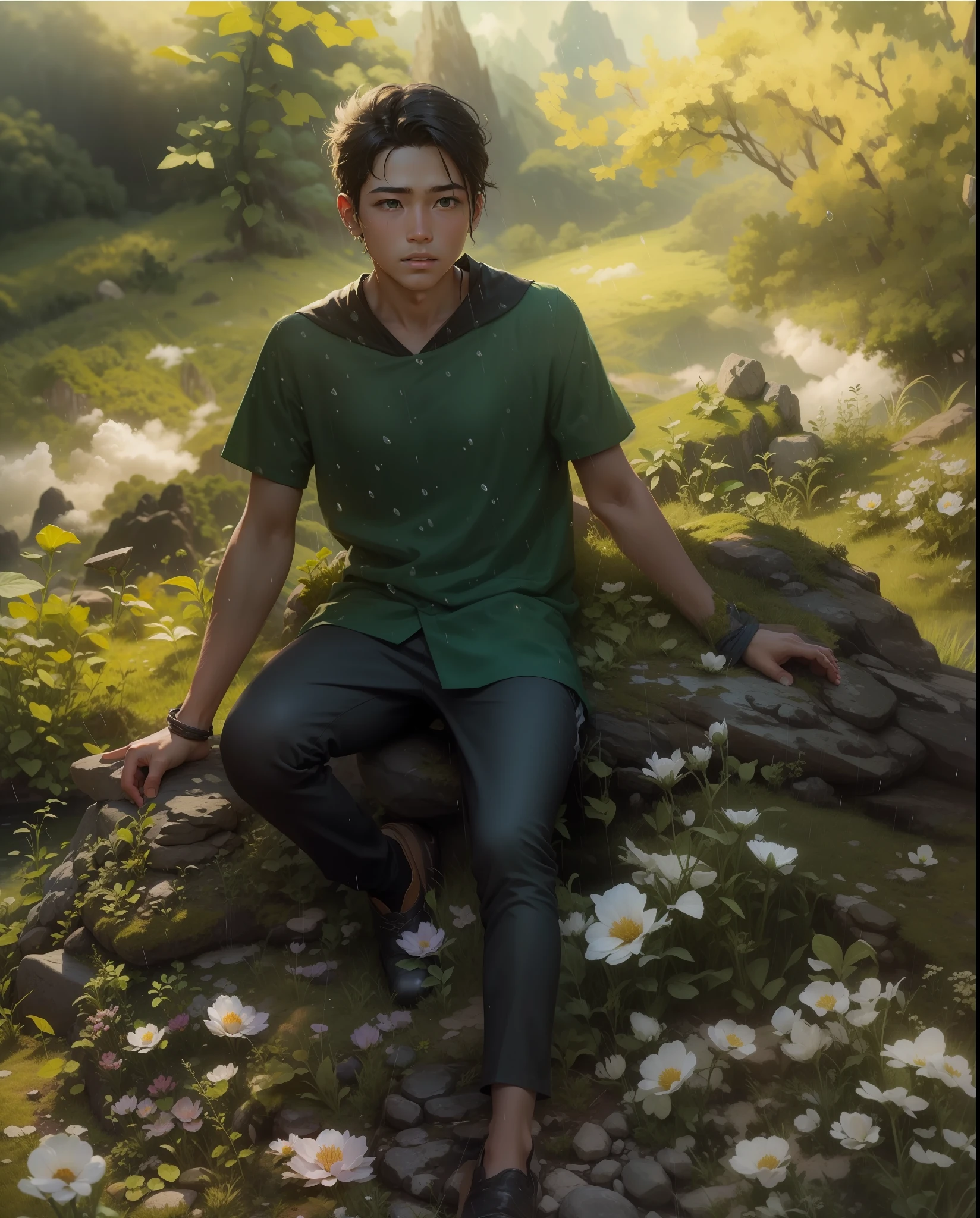 I am a boy sitting on a stone in the mountain and it is raining, there are flowers around me, there are clouds, there is a green mountain and the sun is visible, the sun is also covered with clouds, the mountain is green ultra high quality picture generate