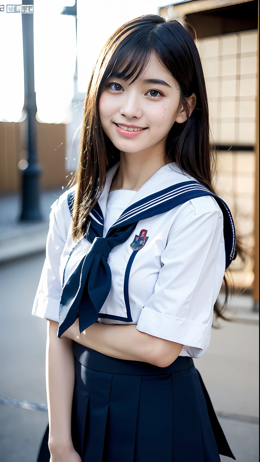 ((Realistic lighting、top-quality、8K、masterpiece:1.3))、Clear focus:1.2、1girl in、Perfect Body Beauty:1.4、Slim abs:1.1、((Black hair middle straight、small tits))、(White Sailor School Uniform、Navy blue skirt:1.5)、(Schools)、Idol、Super fine face、finely eye、二重まぶた、dark brown eyes、(bangss)、(hyper pretty face:1.5), (Japan Woman:1.5), (sixteen years old)、Beautie、hi-school girl、A smile