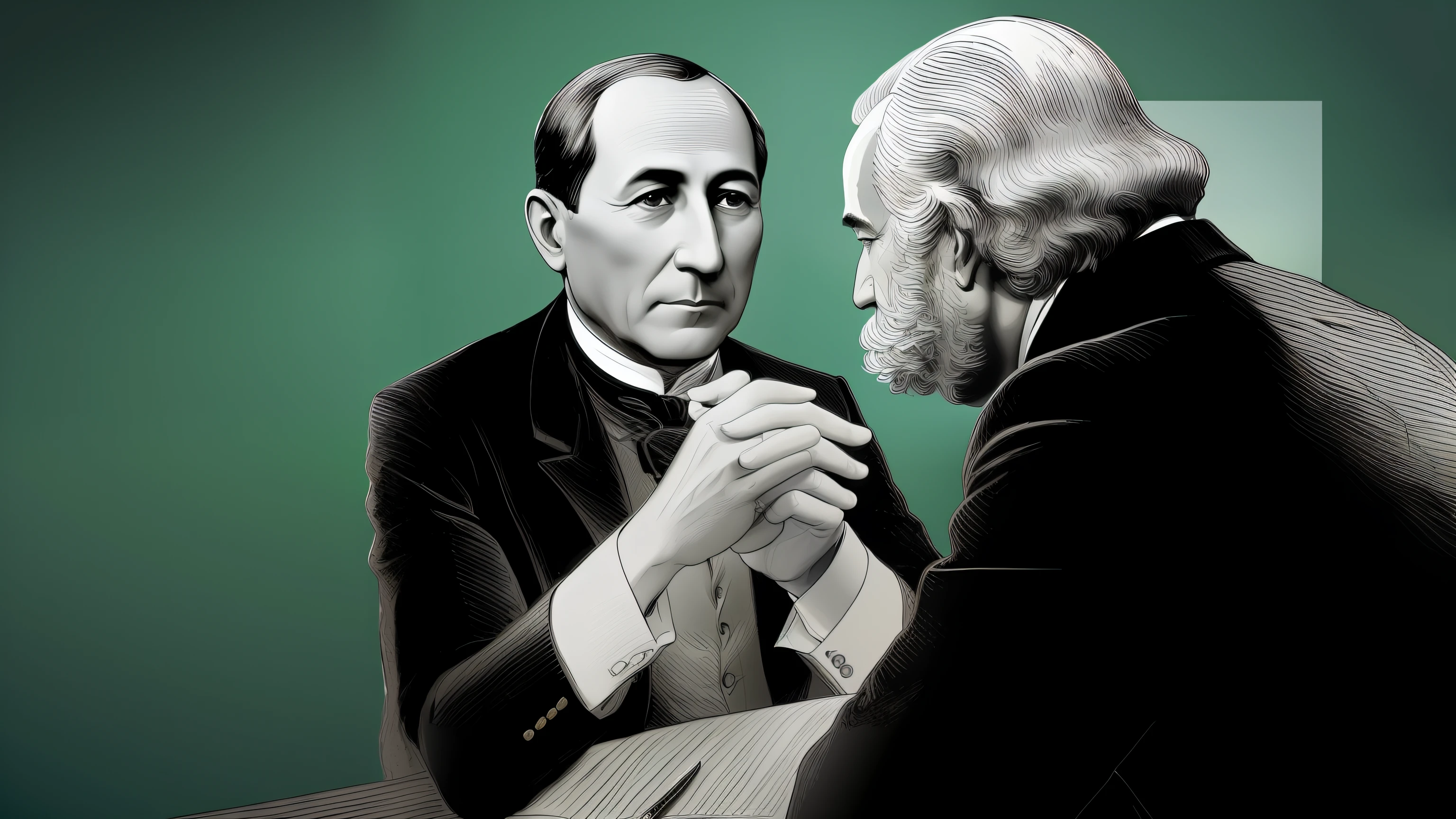 Hay dos hombres sentados en una mesa con un fondo verde,, cara a cara, Cerca de la derrota, benito juarez y GEORGE WASHINGTON, Illustration Guiloche engraving lines