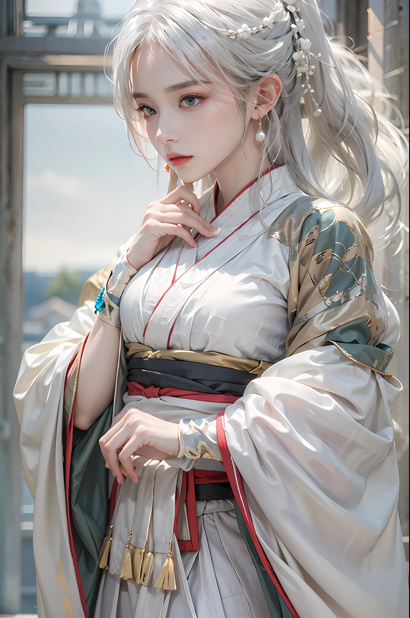 photorealistic, high resolution, 1 women, solo, hips up, narrow waist, beautiful eyes, light whitehair, martial style, hanfu, gorgeous accessories, wearing pearl earrings