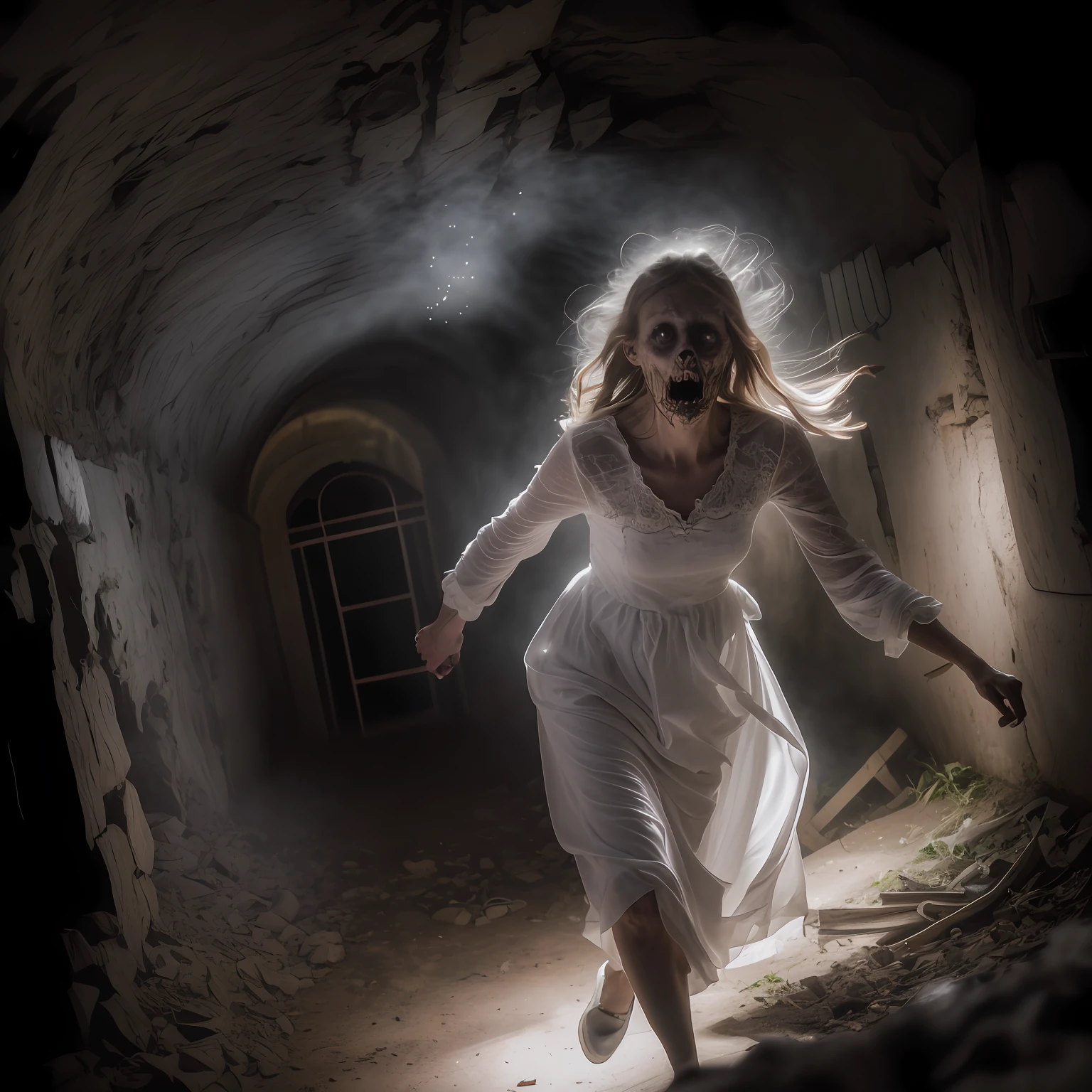 Arad woman in white dress walks through the tunnel, scary ghost, horror photo, Horror photography, scaring, scary photo, very scary photo, spiritual eerie creepy picture, haunting beautiful young woman, Supernatural monsters, Award-winning horror photography, spooky creepy liminal space, horror dramatic moment, Climb out of a dark room, scary picture, spooky and scary atmosphere
