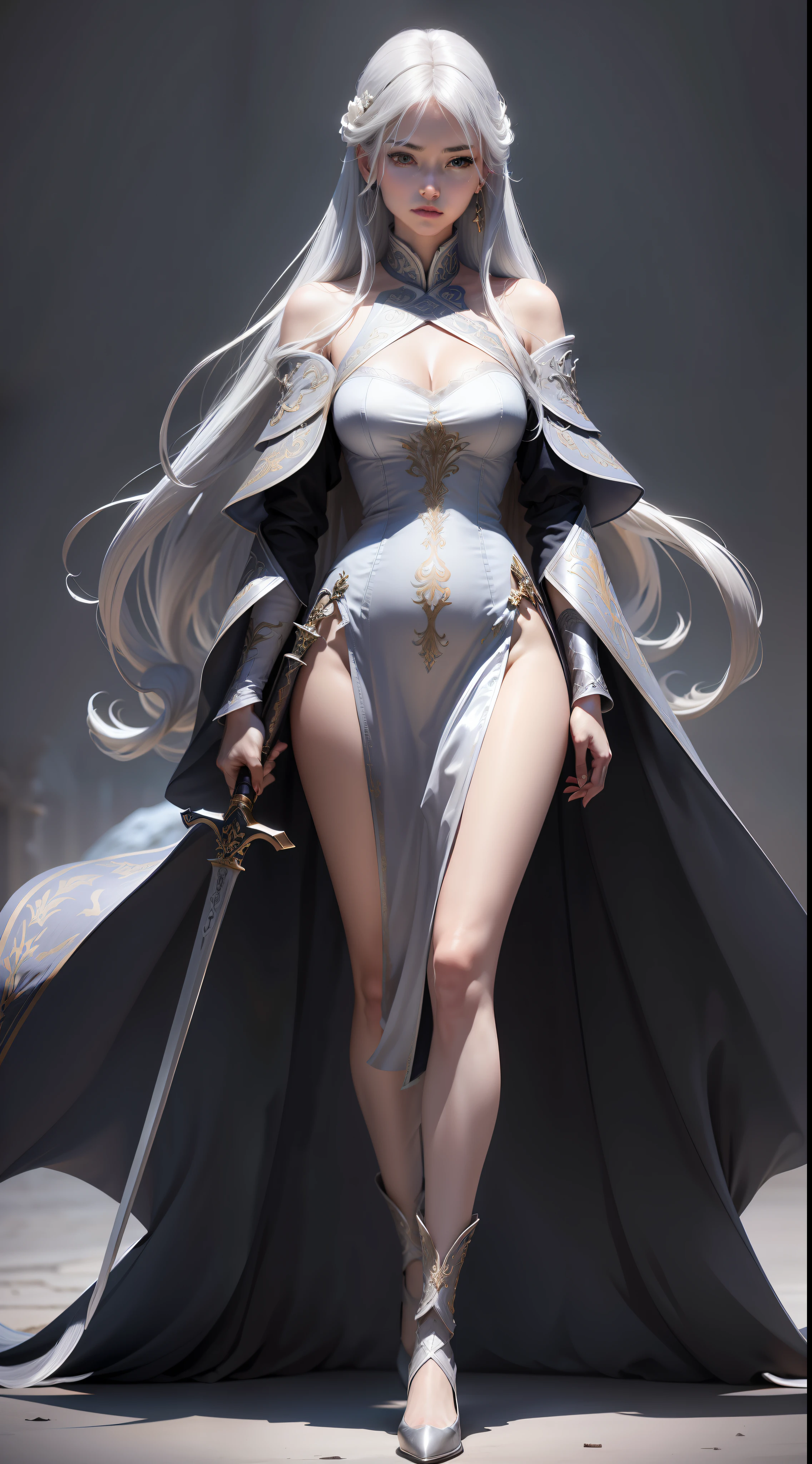 UHD, 16k, 8k, high details, Dress revealingly, Realistic real people, Long sword in hand, Silvery hair, Hair is extra-long, Full body appearance, 36D胸围, Extra-long legs