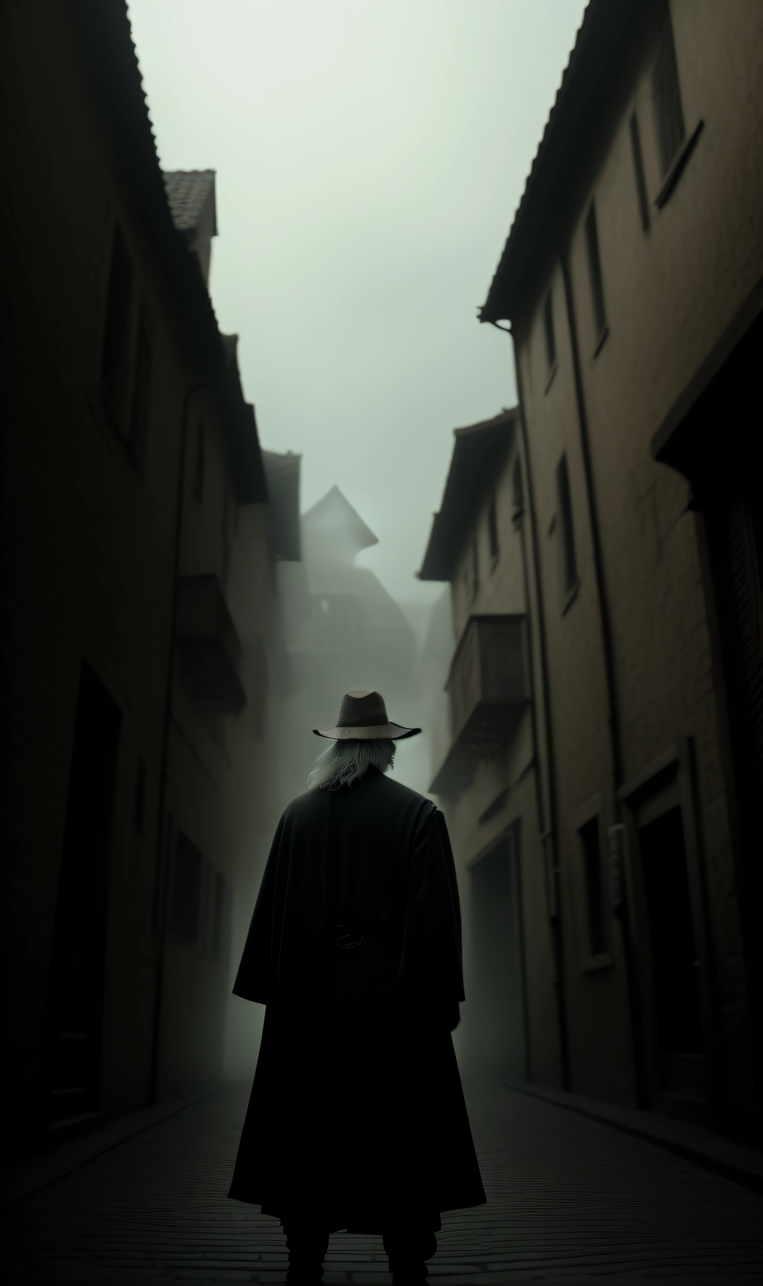 abstract colors, texture, film grain, skin pores:0.1 Hasselblad DSLR photo RAW, intricate backlit dramatic portrait of an old bearded wizard casting a spell, standing in the medieval fantasy city (cobblestone street)1.2, foggy morning, Shannara chronicles lotr gandalf hobbit willow concept art Anna Dittmann Magali Villeneuve Marc Simonetti, cinematic film still frame, (style (film grain)1.3