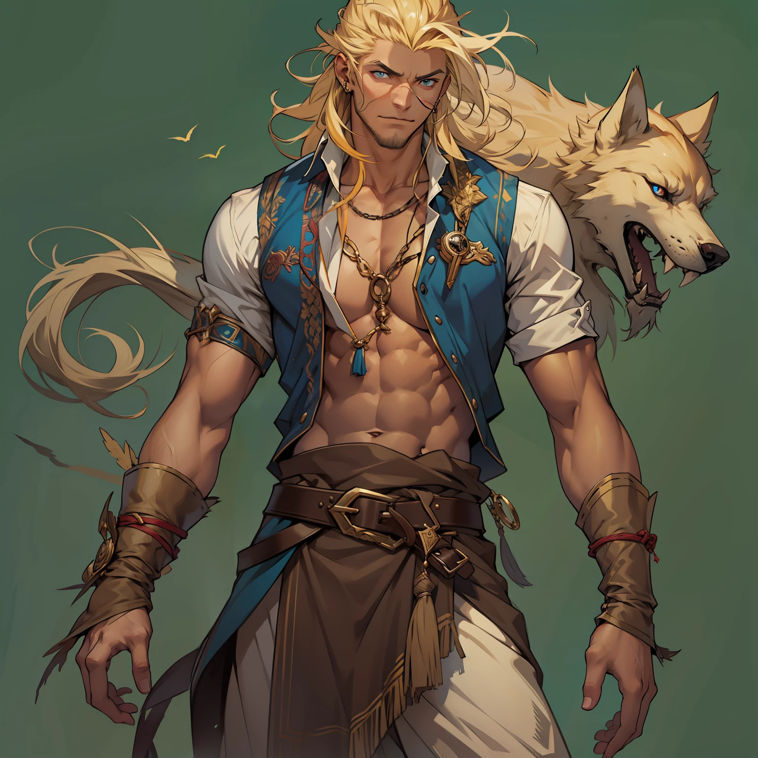 Fenrir human form, I generally have golden hair and piercing blue eyes. My skin is tanned and my appearance could be described as rugged. My attire is usually chosen to fit the context in which I am interacting with humans. In some instances, my attire may appear primitive or archaic, while in other instances I may present as a sophisticated and well-dressed individual.