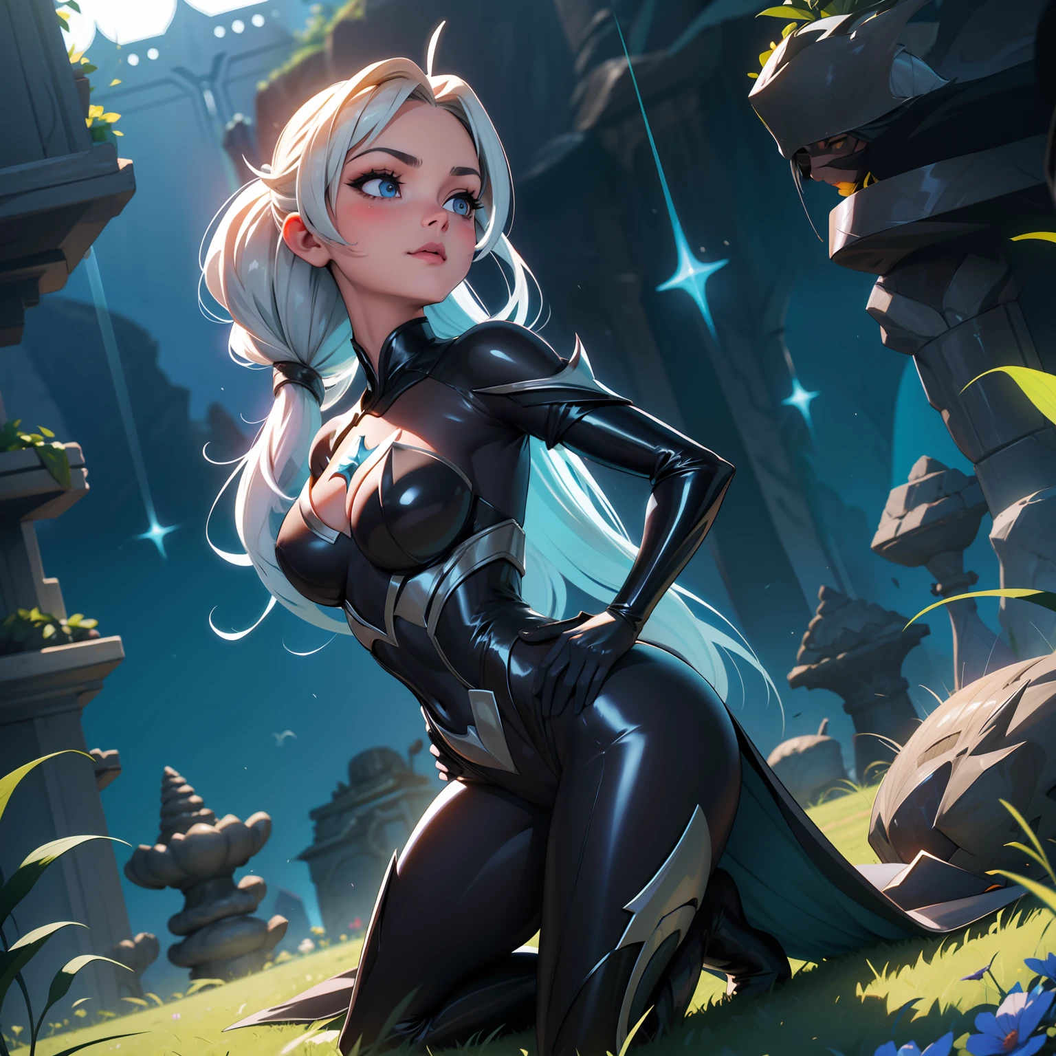 Elsa-Batman Fusion, Armadura do Batman, Cabelos brancos da Elsa, melting, 1girl, Bodysuit de latex preto, Beautiful, Segurando um Batarangue, particulas de gelo, morcegos, morcegos de gelo, (master part:1.2), (melhor qualidade:1.2), ((pose de luta)), ((campo de batalha)), cinemactic, olhos perfeitos, pele perfeita, perfect lighting, sorrir, luz, cor, pele texturizada, detalhe, Beleza, maravilha, ultra-detalhado, rosto perfeito