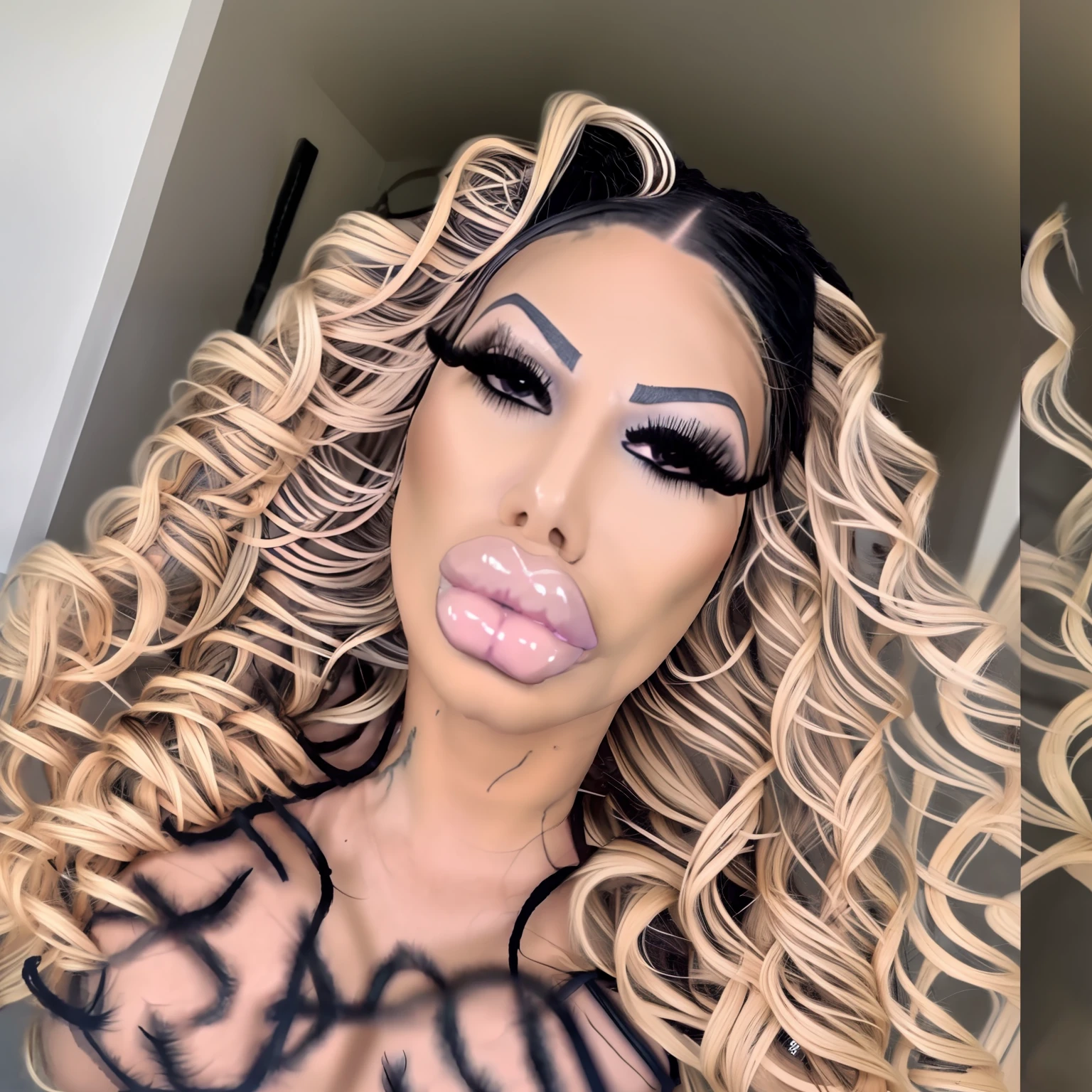Bimboslut, fake lips, fake breasts, very long hair, curls, tattoos, fake tan, Botox, high quality, face detail, lip injection, drawn on eyebrows, long fingernails, hair extensions, bimboslut, fake lashes, face detail, thigh high boots, slutty outfit