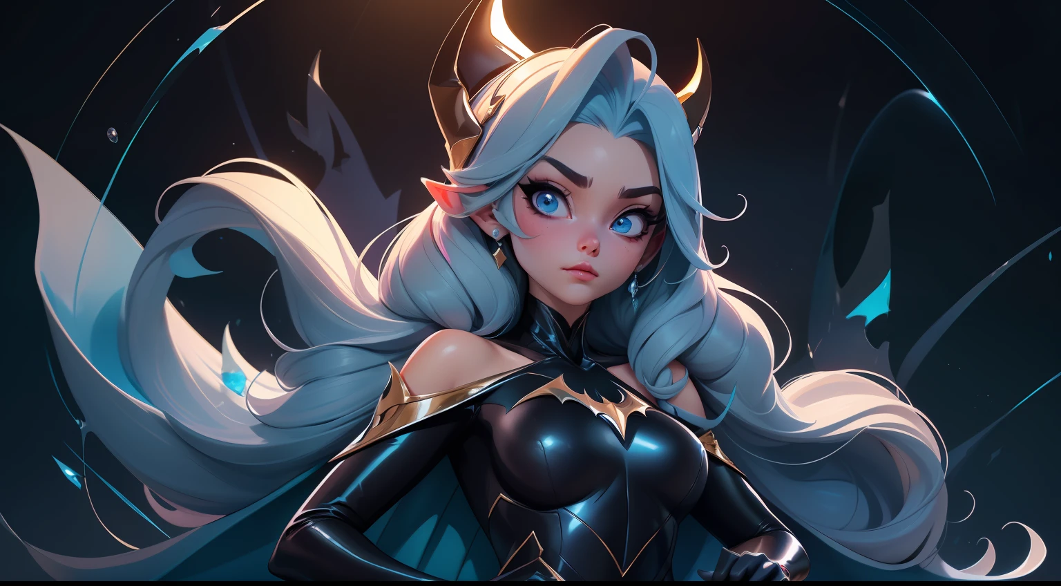 Elsa-Batman Fusion, Roupas do Batman, Cabelos brancos da Elsa, melting, 1girl, Bodysuit de latex preto, Beautiful, Segurando um Batarangue, particulas de gelo, morcegos, morcegos de gelo, (master part:1.2), (melhor qualidade:1.2), ((pose de luta)), ((campo de batalha)), cinemactic, olhos perfeitos, pele perfeita, perfect lighting, sorrir, luz, cor, pele texturizada, detalhe, Beleza, maravilha, ultra-detalhado, rosto perfeito