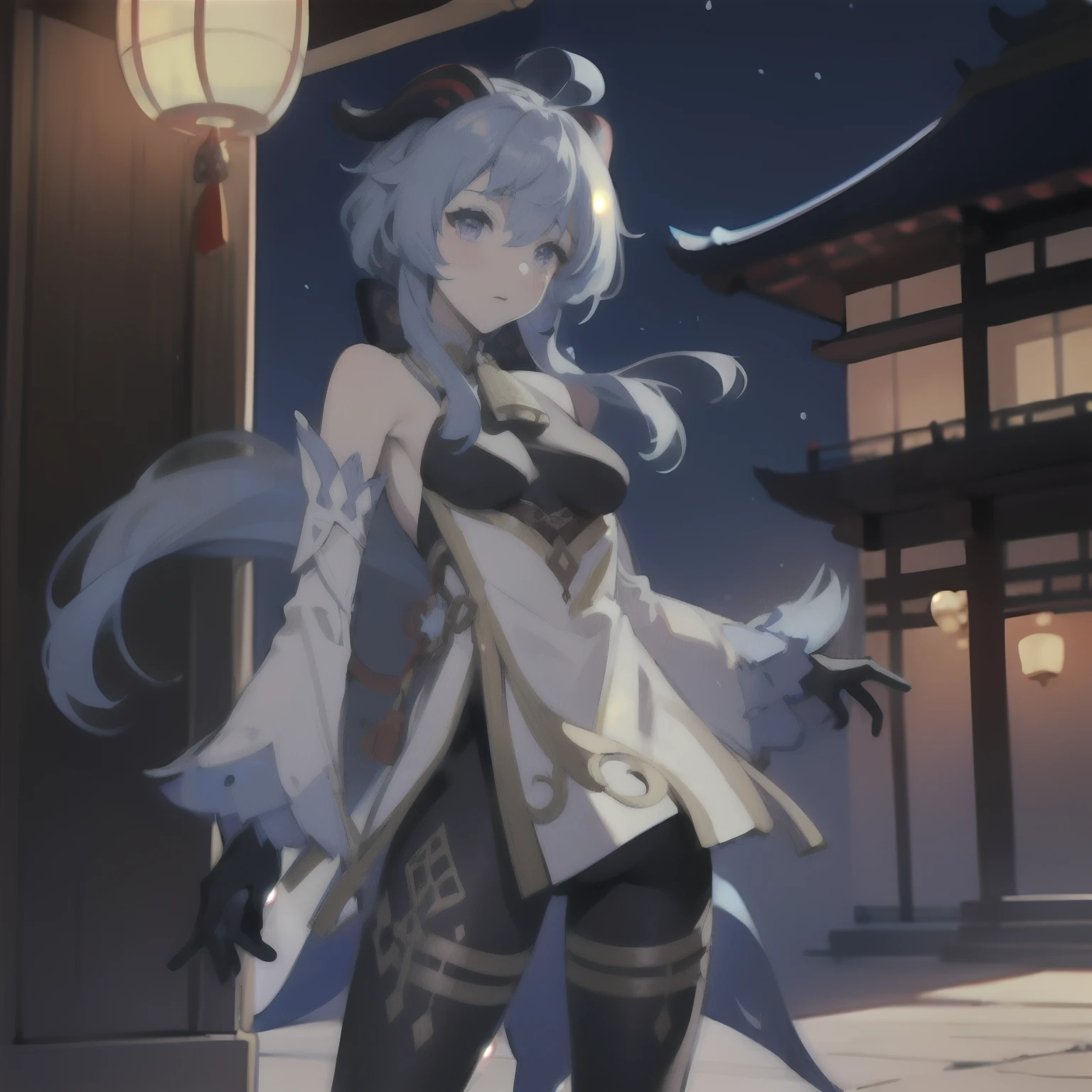 ganyu \(genshin impact\), 1girl, ahoge, architecture, bangs, bare shoulders, bell, black gloves, black pantyhose, ((blue hair)), blush, breasts, chinese knot, detached sleeves, east asian architecture, flower knot, gloves, horns, long hair, looking at viewer, medium breasts, neck bell, night, outdoors, pantyhose, purple eyes, sidelocks, solo, tassel,  white sleeves, ((masterpiece))