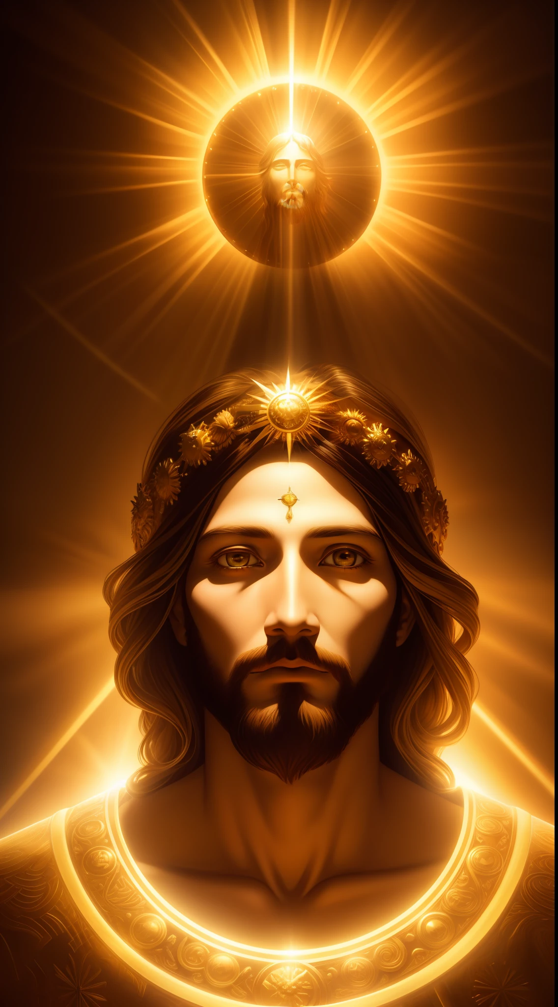 highly detailed portrait of a jesus christ sun god halo of light, gold, unreal engine, art by mark ryden, lostfish, earl norem, global illumination, god rays, detailed and intricate environment, elden ring style