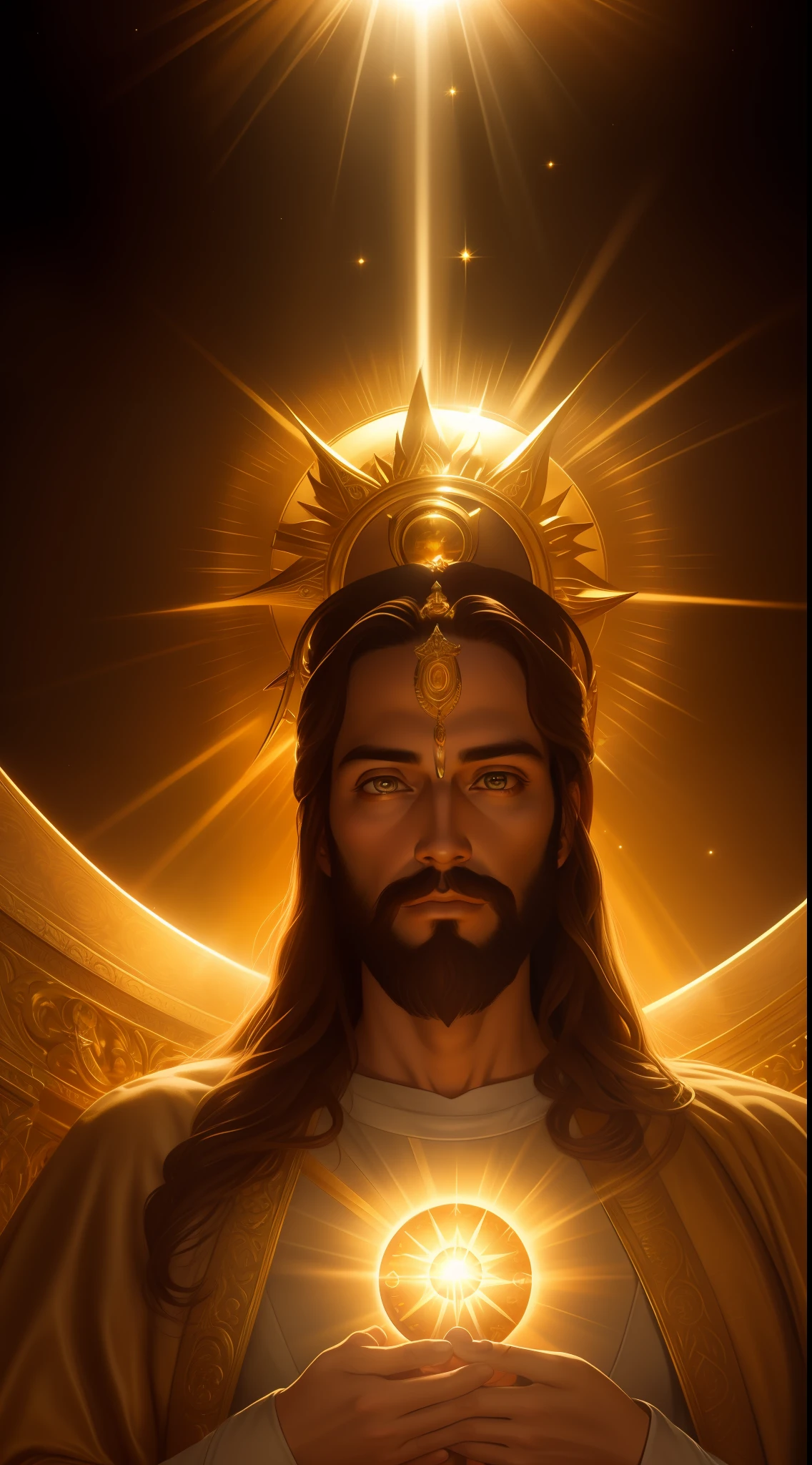 highly detailed portrait of a jesus christ sun god halo of light, gold, unreal engine, art by mark ryden, lostfish, earl norem, global illumination, god rays, detailed and intricate environment, elden ring style