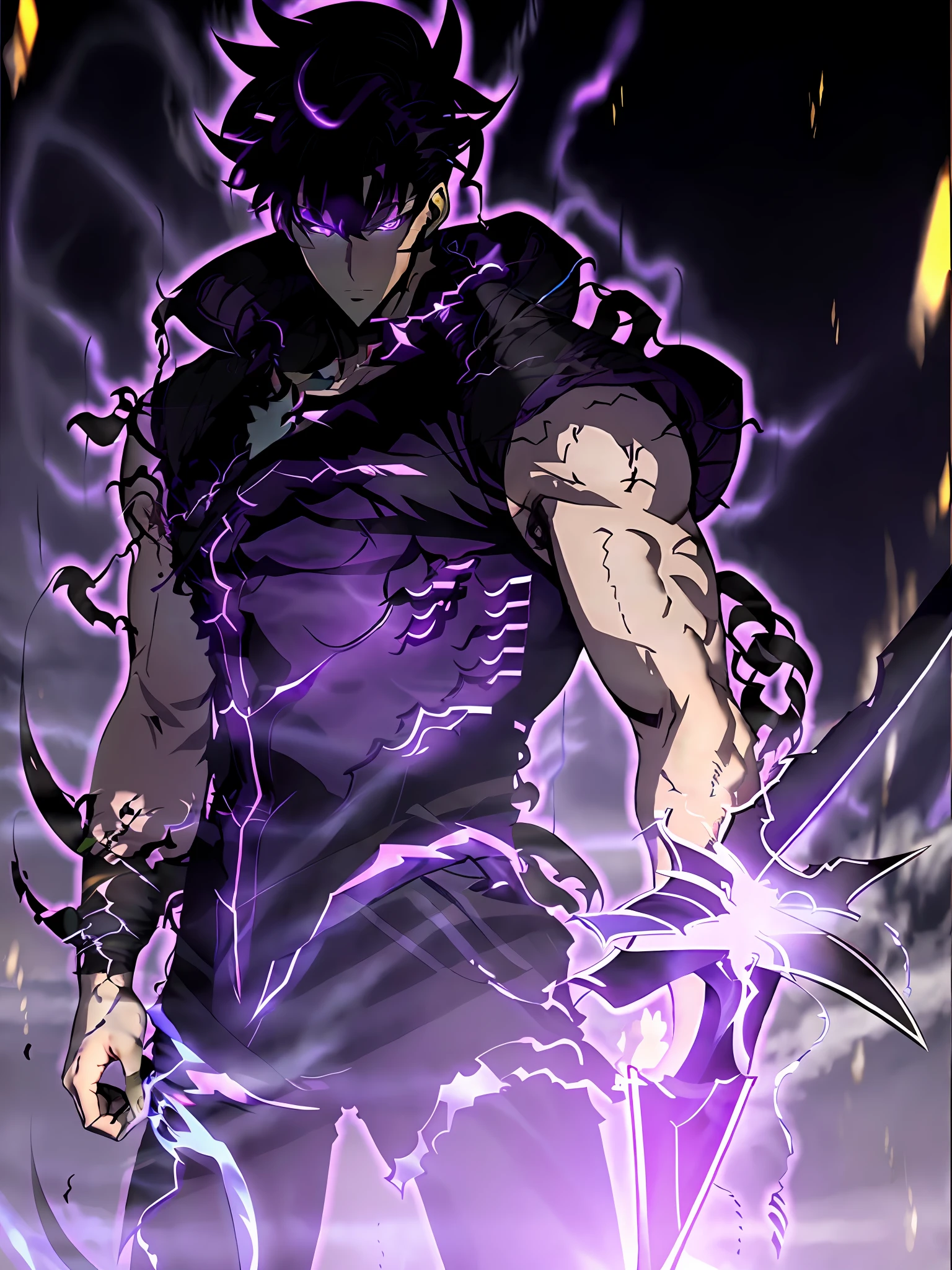 Sung Jin Woo 1 male 20 years old, handsome body, cool face, black hair, purple eyes, trained, black vest, dark city view, solo, many cool poses holding a sharp small sword rushing towards the viewer, slashing horizontally to create a light streak.