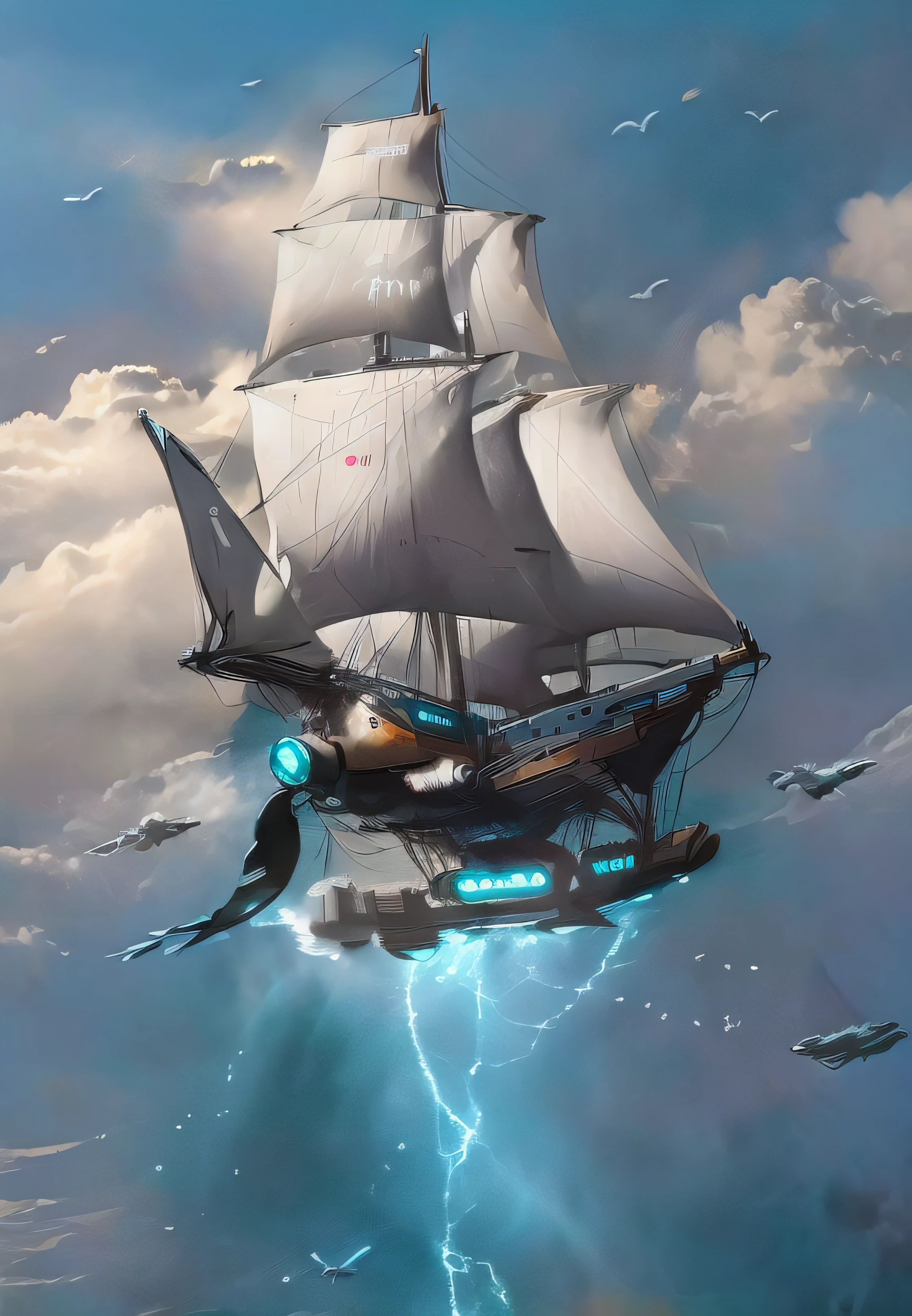 Futuristic super sailing boat jumping through the clouds surrounded by seagulls and hot air balloons and down a rough sea with a multitude of high waves and swimming sharks