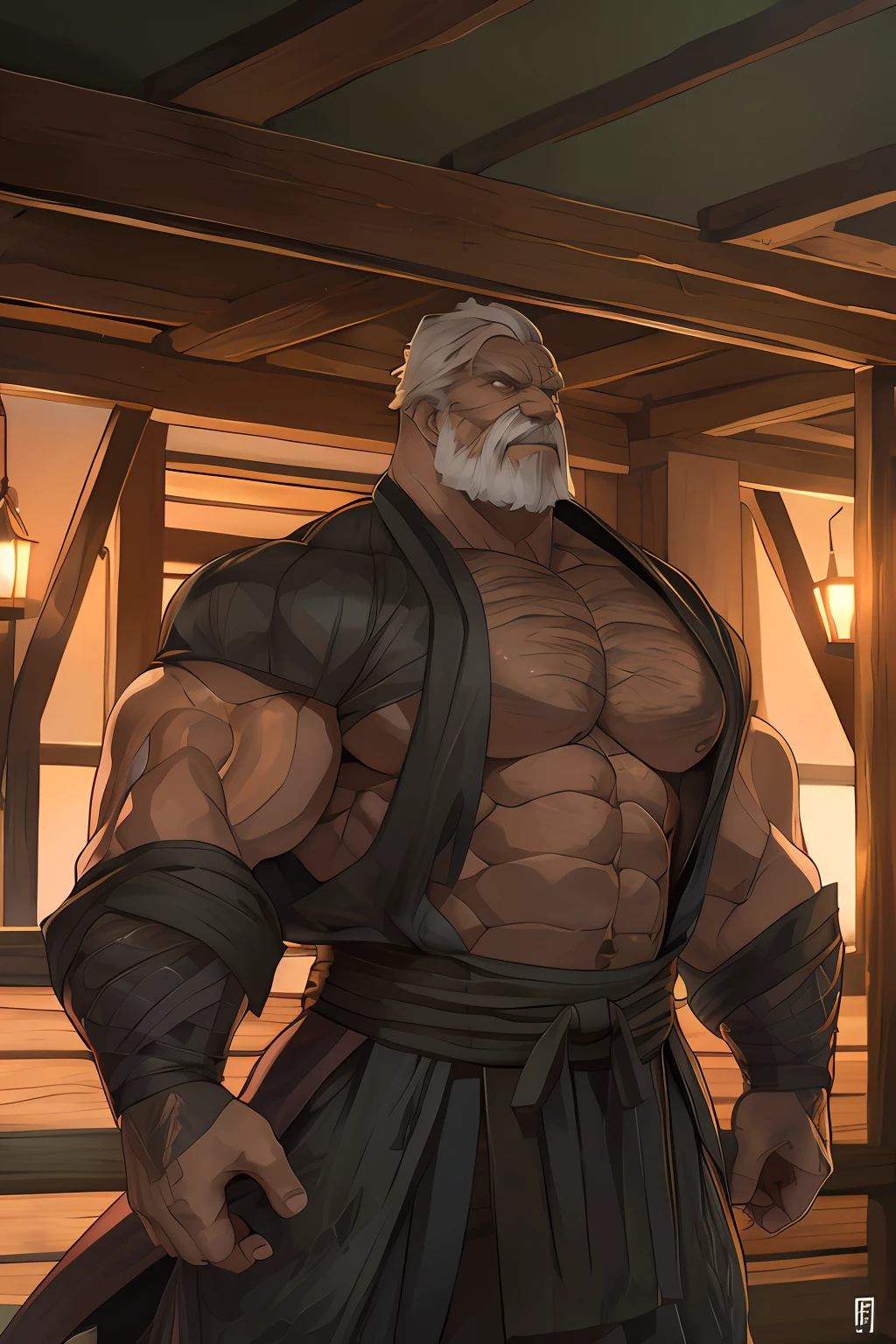 (a weathered and powerful ninja with a muscular build, old man)