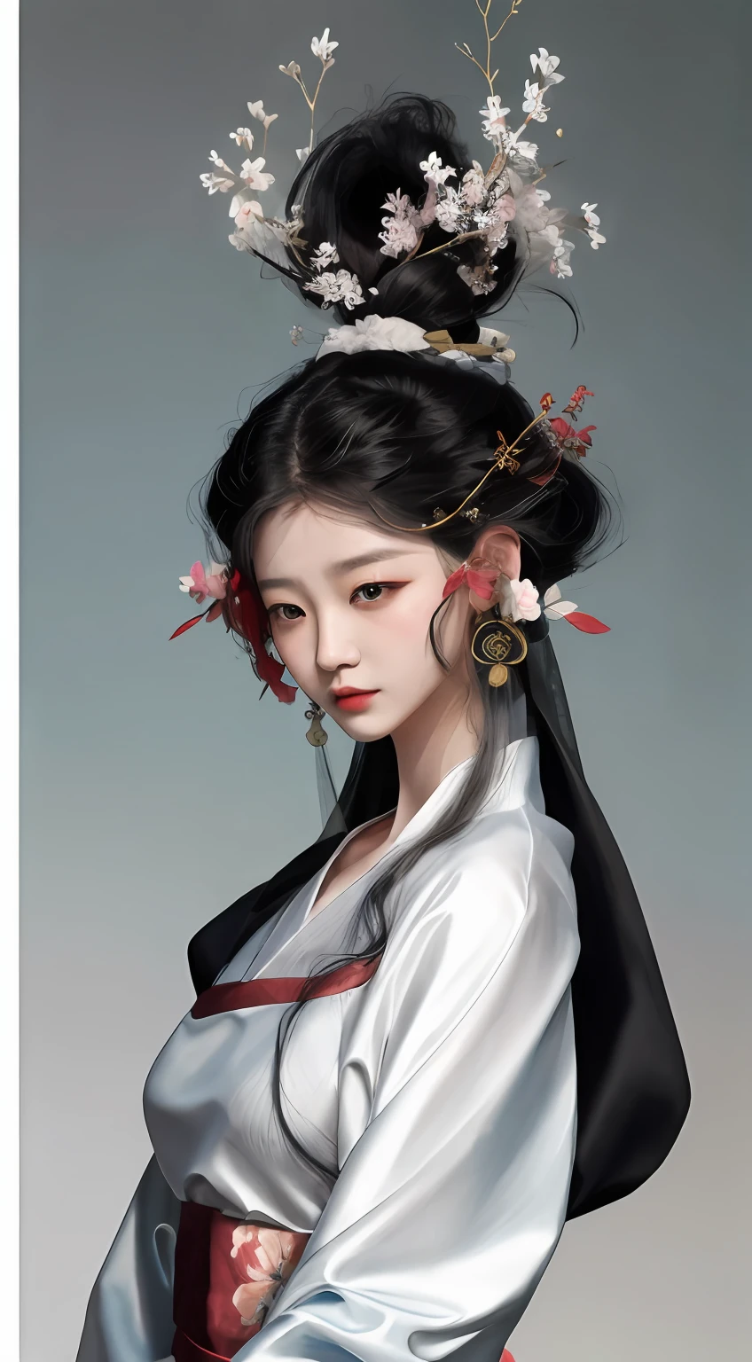 There was a woman wearing a veil,There is a flower on the hair, Beautiful character painting, Guviz-style artwork, Guviz, Palace ,,Bigchest,huge tit,cleavage A girl dressed in Hanfu, by Yang J, White Hanfu, white clothes,All white,silkouette,author:Li Fangying, by Ye Xin, By Li Song, author:Qiu Ying, author:Yu Zheding