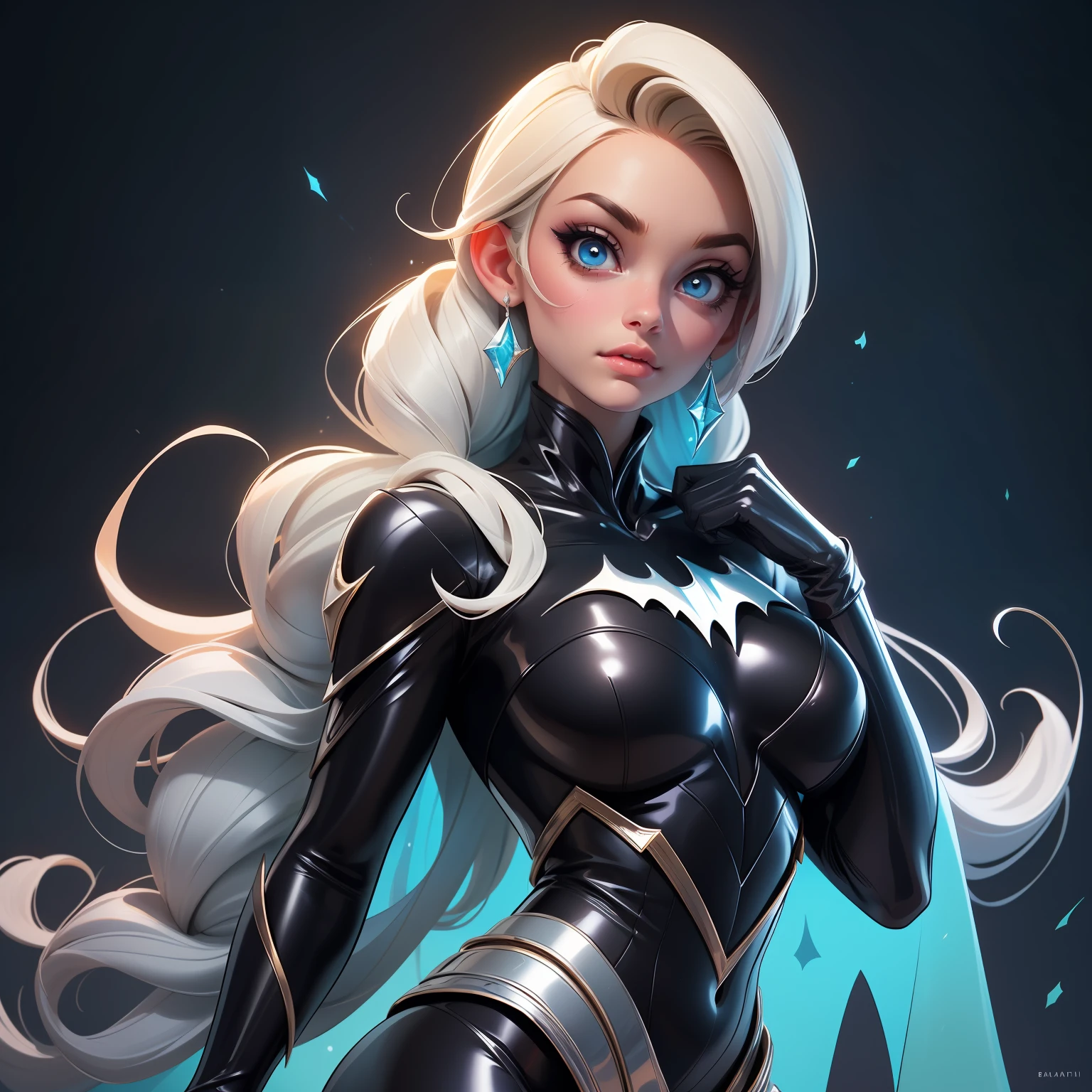 Elsa-Batman Fusion, Roupas do Batman, Cabelos brancos da Elsa, melting, 1girl, Close-up, Bodysuit de latex preto, Beautiful, Segurando um Batarangue, particulas de gelo, morcegos, morcegos de gelo, (master part:1.2), (melhor qualidade:1.2), ((pose de luta)), ((campo de batalha)), cinemactic, olhos perfeitos, pele perfeita, perfect lighting, sorrir, luz, cor, pele texturizada, detalhe, Beleza, maravilha, ultra-detalhado, rosto perfeito